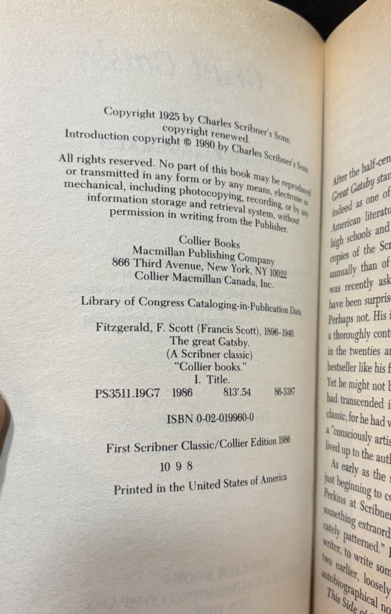 Vintage 1988 Collier Books PB “THE GREAT GATSBY » by F. Scott Fitzgerald