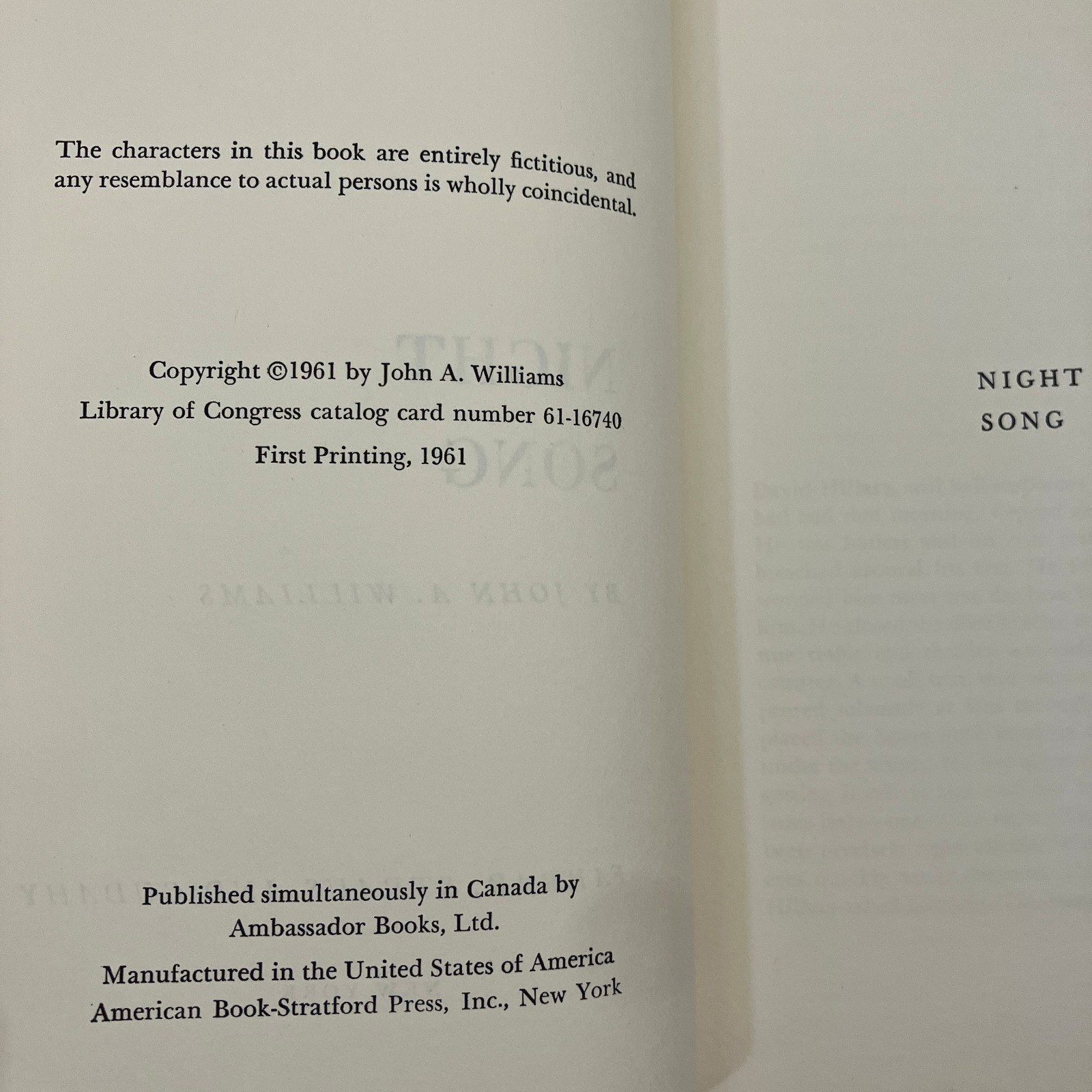 Night Song A Novel by John Williams First Edition 1st Printing 1961 HCDJ Jazz