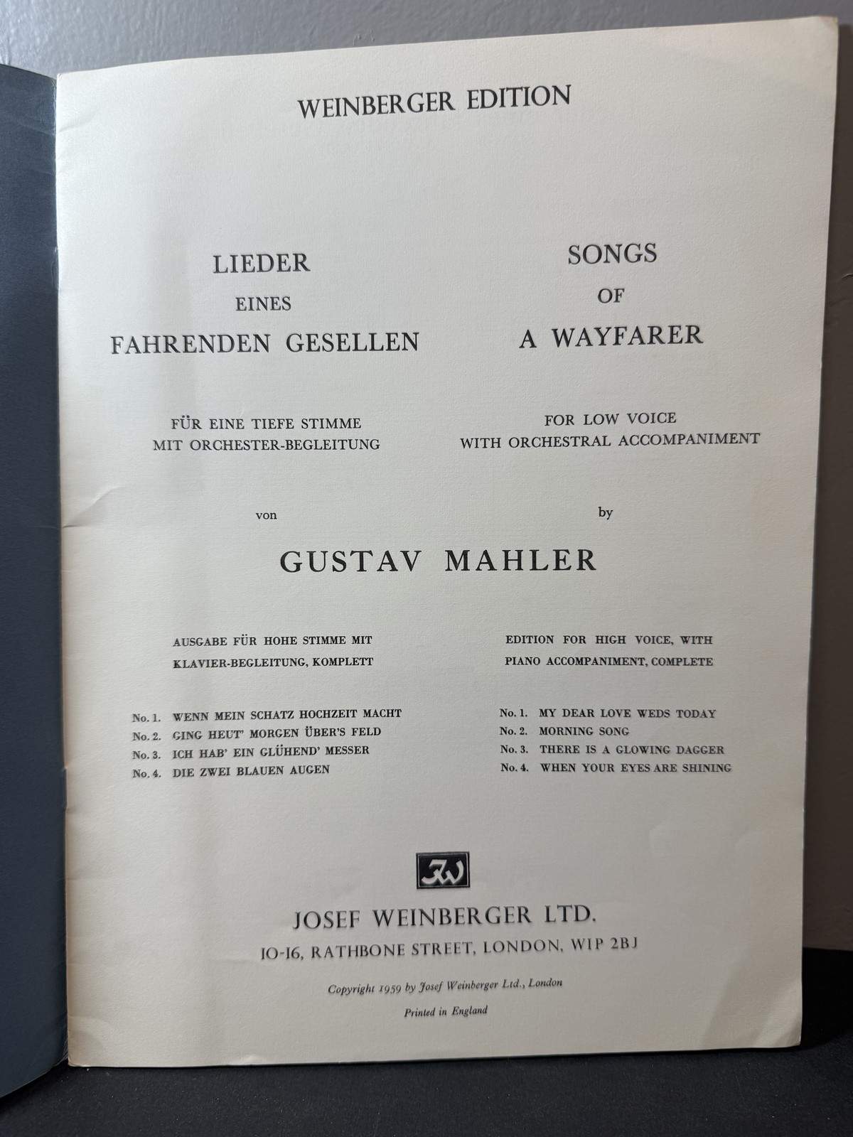 Gustav Mahler Lieder Eines Fahrenden Gesellen Songs of a Wayfarer High Voice