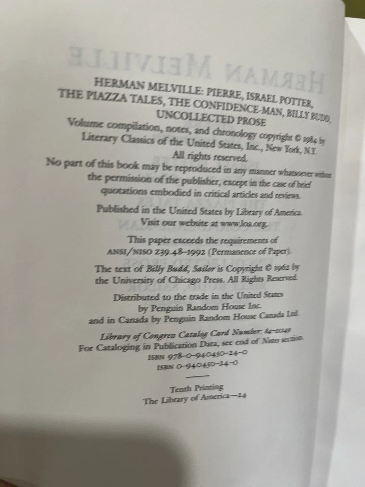 The Library of America Melville -Pierre, Israel Potter, Billy Budd – Pre-Owned