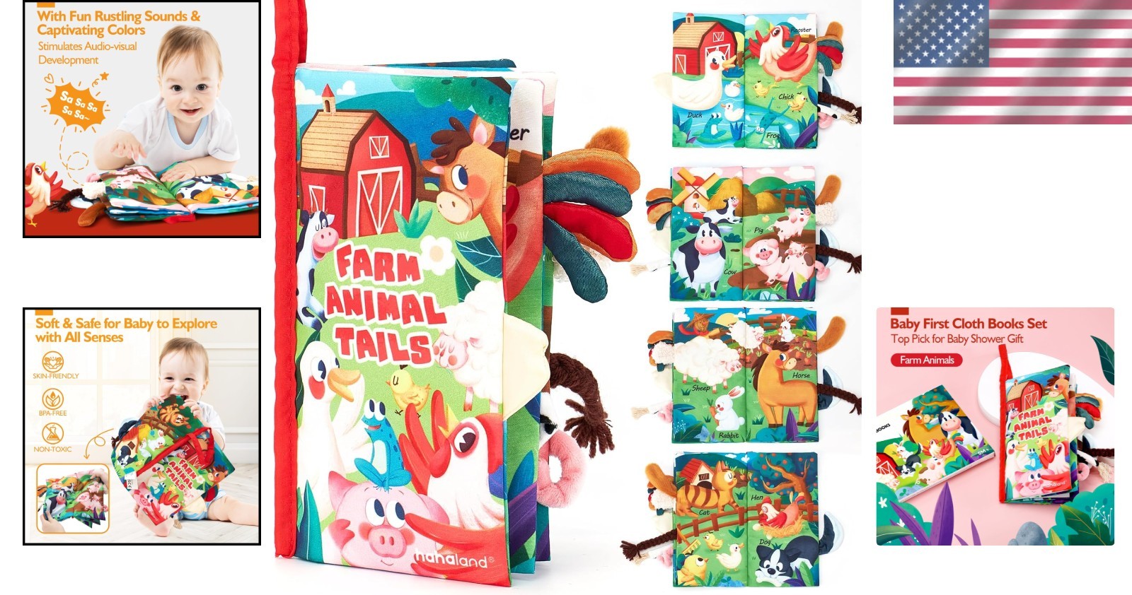 Multicolored Farm Tails Cloth Book – Engaging Sensory Experience for Babies
