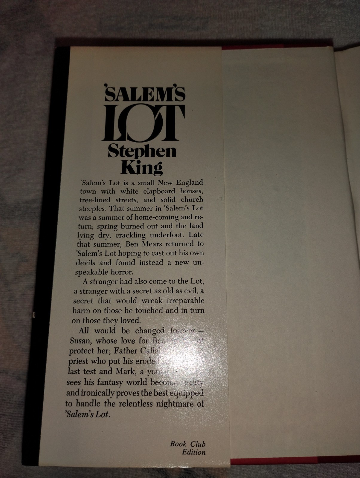 SALEM&rsquo;S LOT HC DJ Stephen King First Book Club Edition BCE 1975