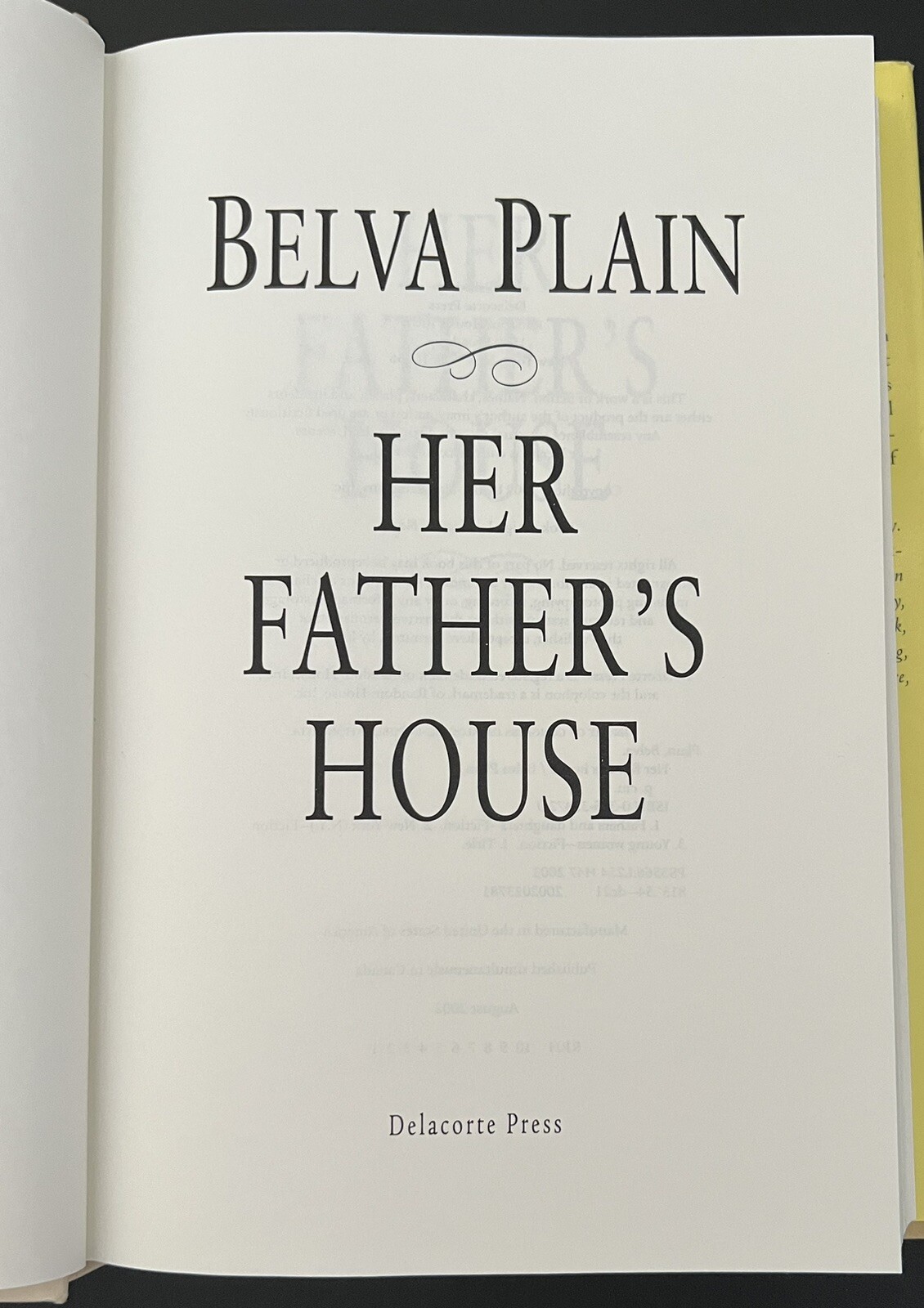 Her Father&rsquo;s House~Belva Plain~2002~Hardcover~Dust Jacket~342 pages