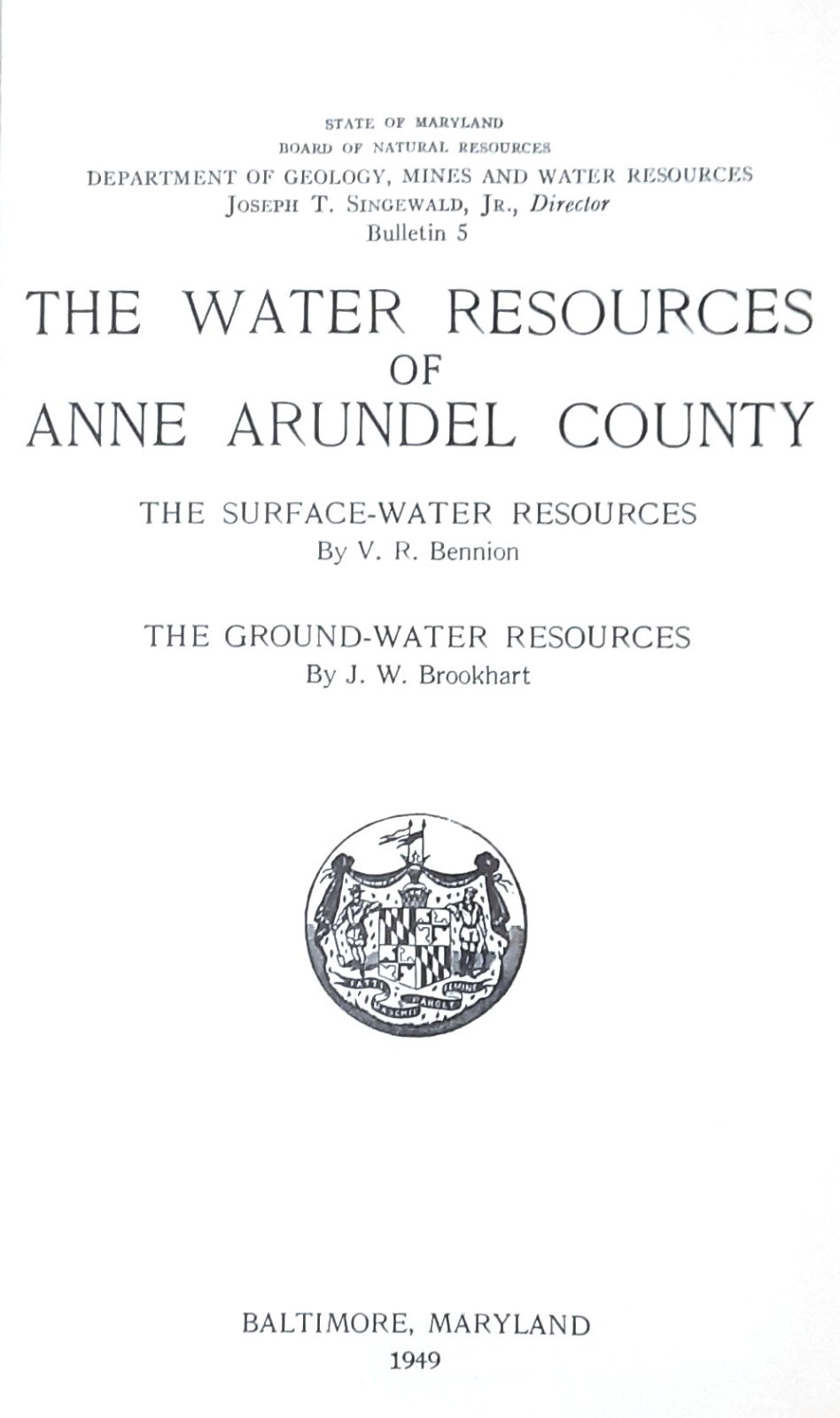 The Water Resources of Anne Arundel County, Maryland by V. R. Bennion