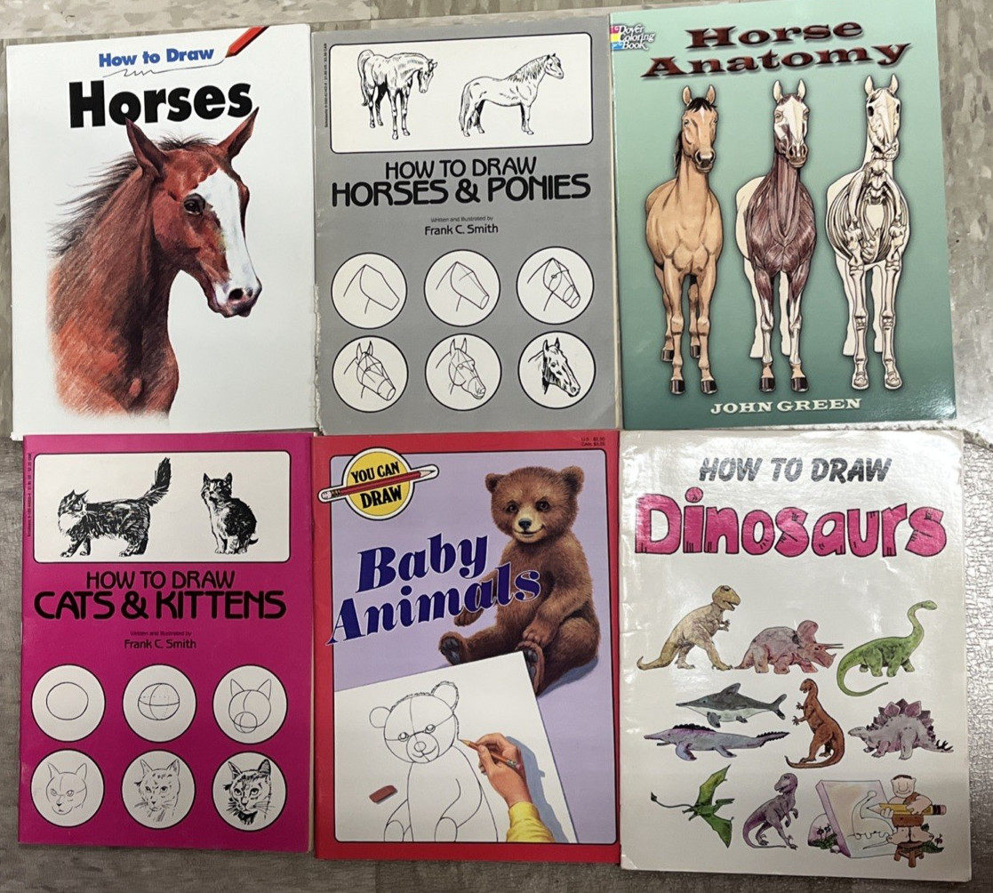 How to Draw Lot of 6 PB Books – Horses, Ponies, Cats, Baby Animals, Dinosaurs