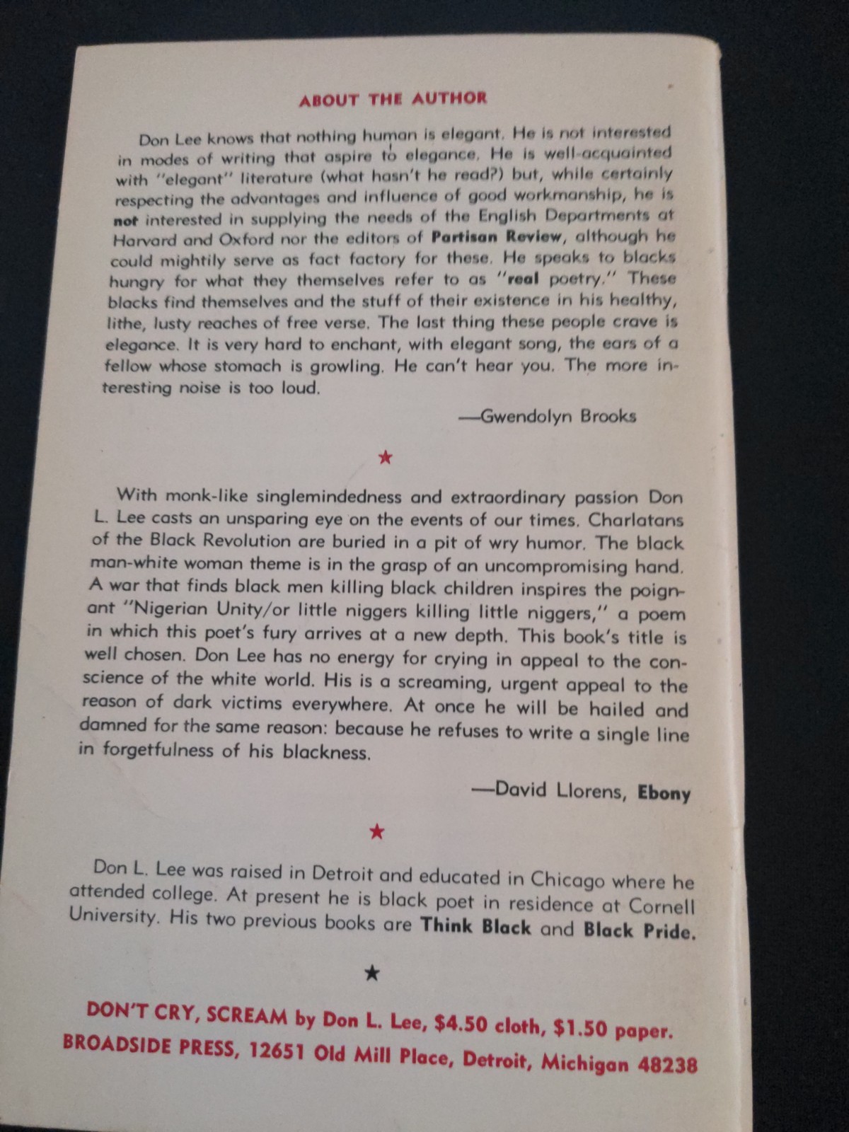 Black Words that Say: Don&rsquo;t Cry, Scream Don L. Lee – 1st edition 4th printing
