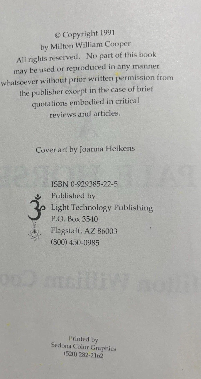 « BEHOLD A PALE HORSE » William Cooper PB – 1991 – 500 pages Conspiracy Theory