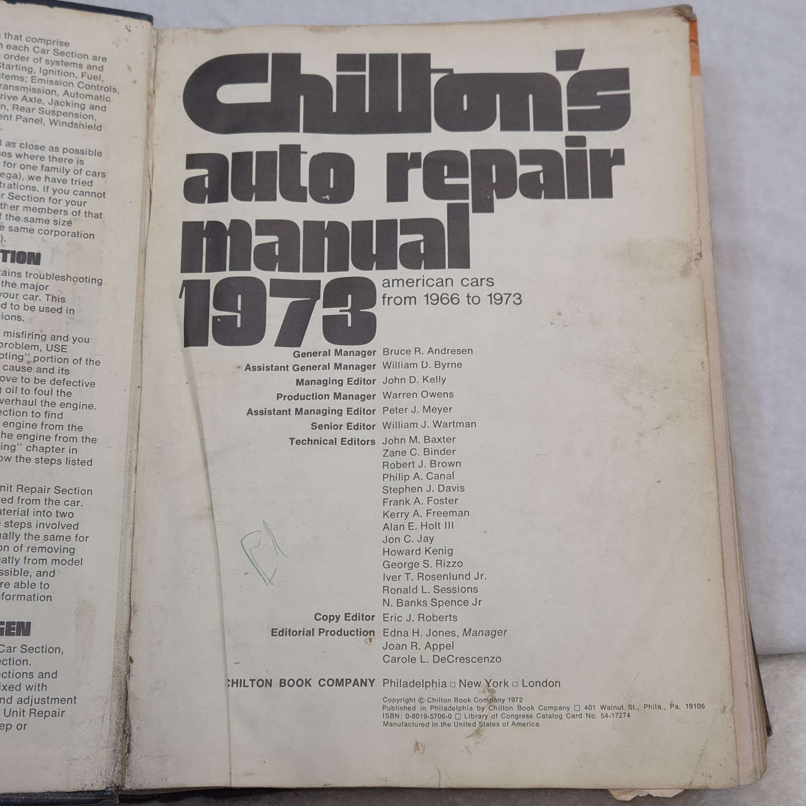 Chilton&rsquo;s Auto Repair Manual American Cars From 1966 /1973 Universal Memorabilia
