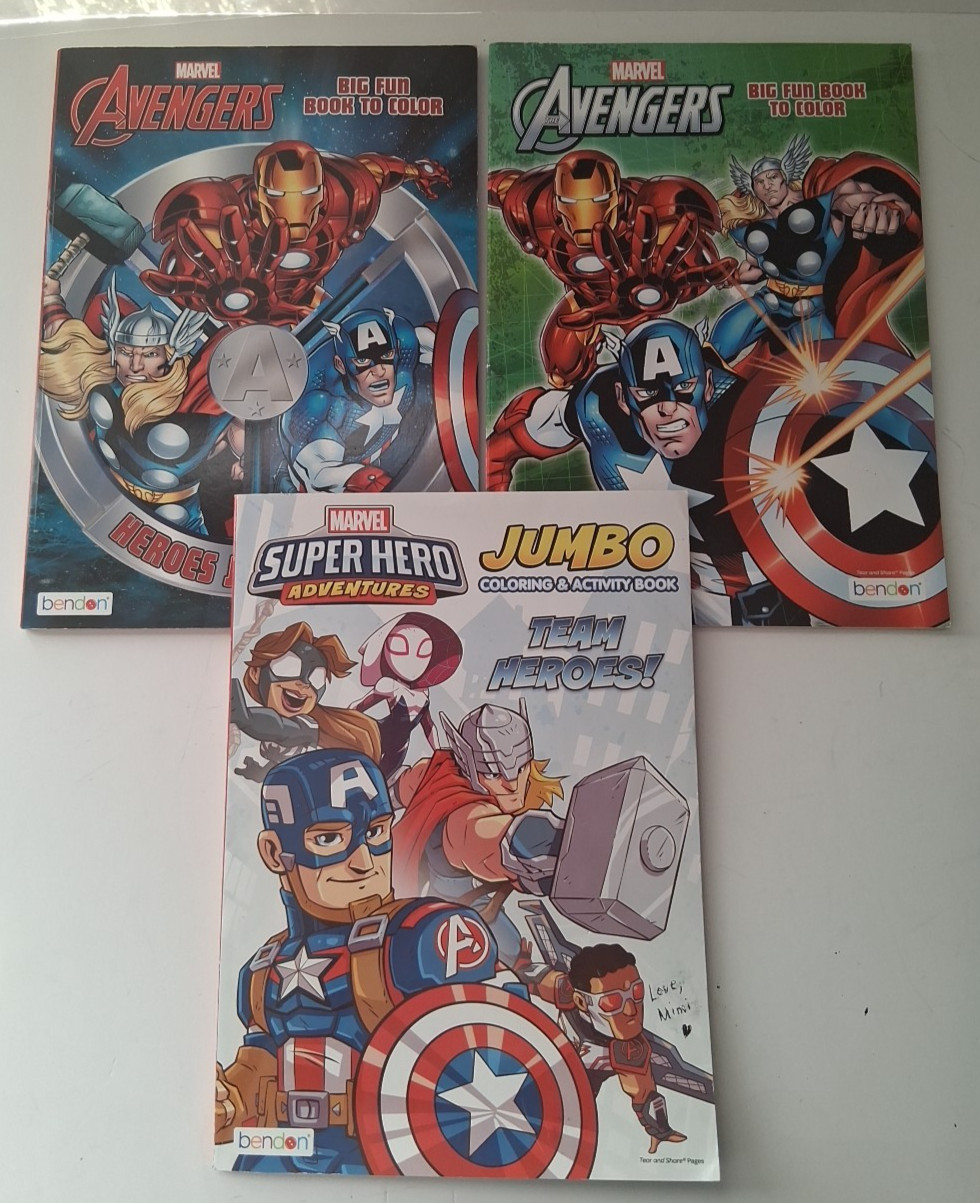 Lot of 3 Marvel Avengers & Superhero Coloring Books Bendon unused I has name
