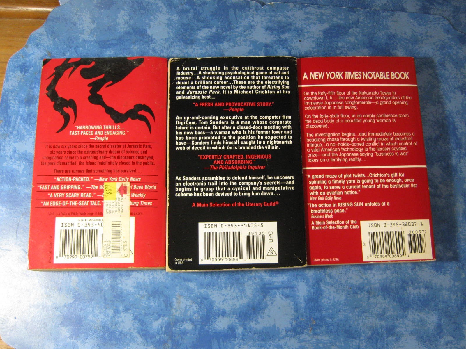 LOT OF 3 MICHAEL CRICHTON PB Disclosure THE LOST WORLD JURASSIC PARK Disclosure