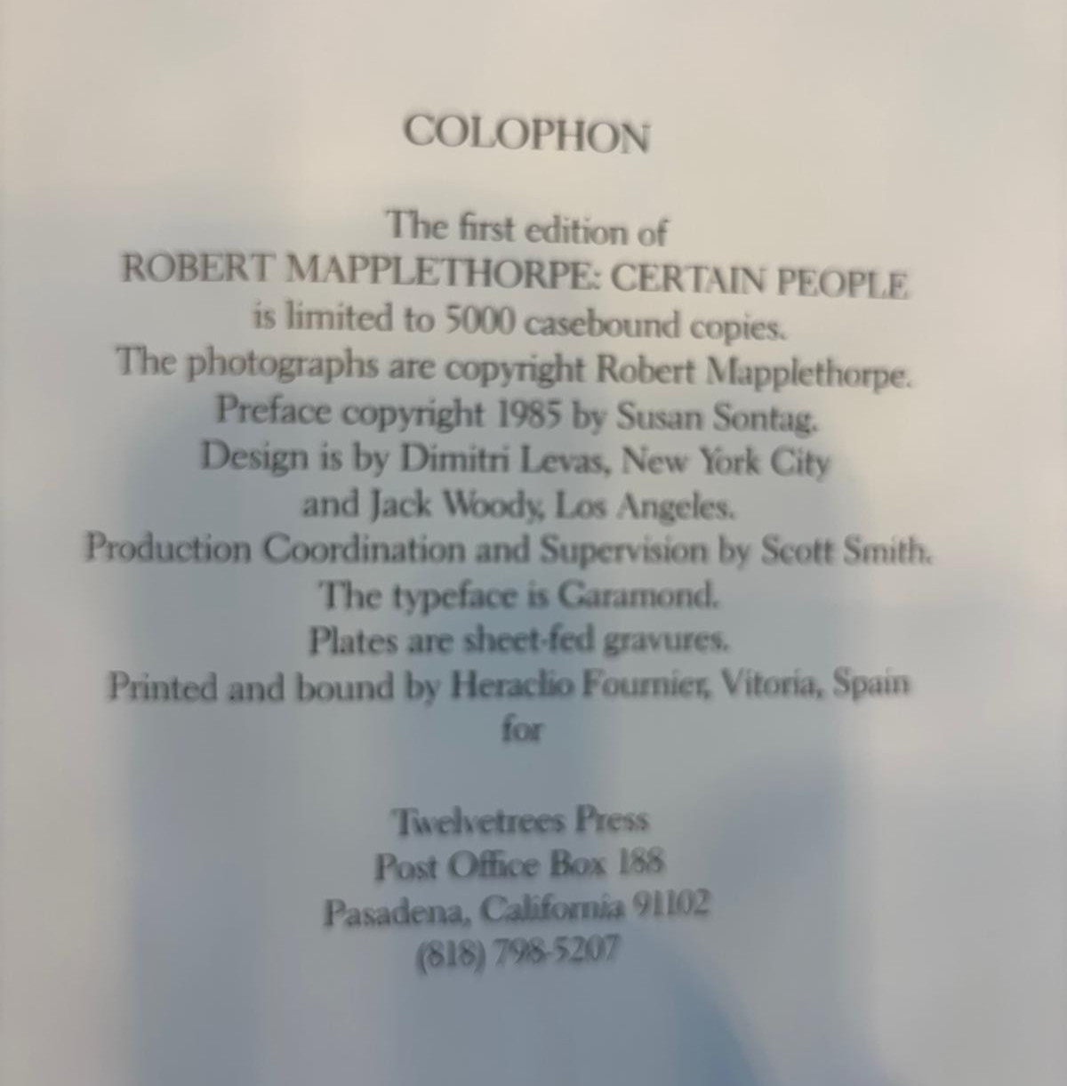 Robert Mapplethorpe: Certain People 1st Ed Twelvetrees Press 1985 Book