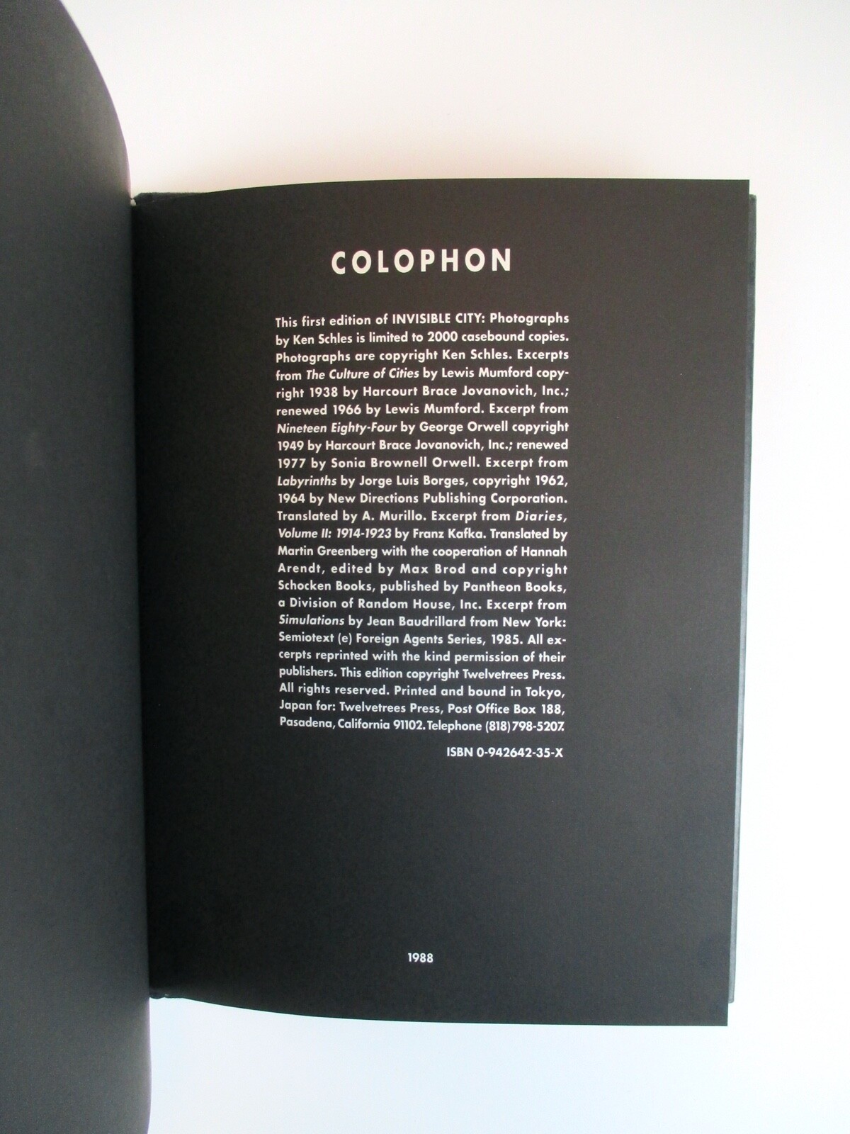 INVISIBLE CITY: Photographs by Ken Schles 1988 Limited Edition Twelvetrees Press