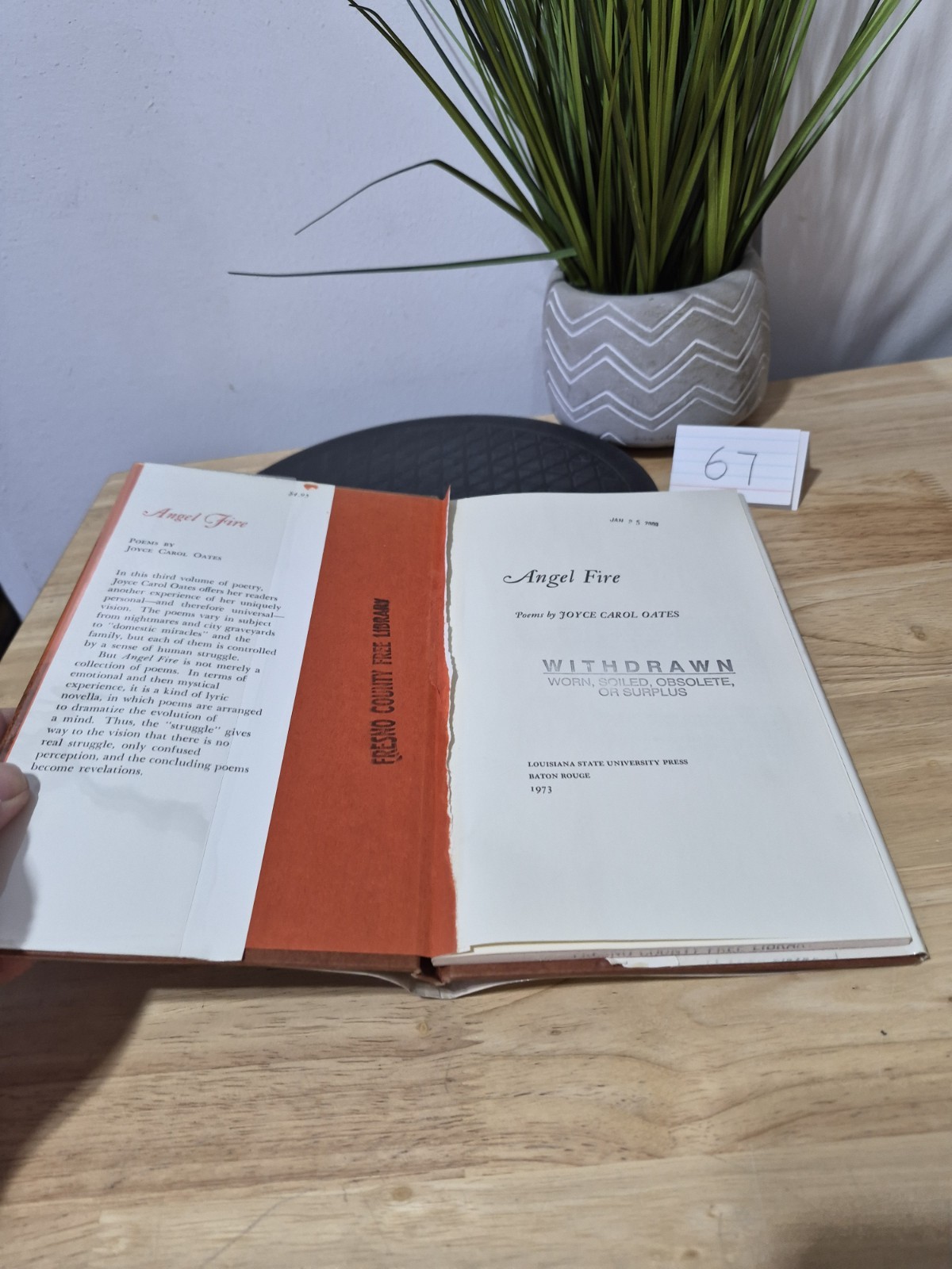 Angel Fire : Poems by Joyce Carol Oates 1973 Hardcover Dust Jacket