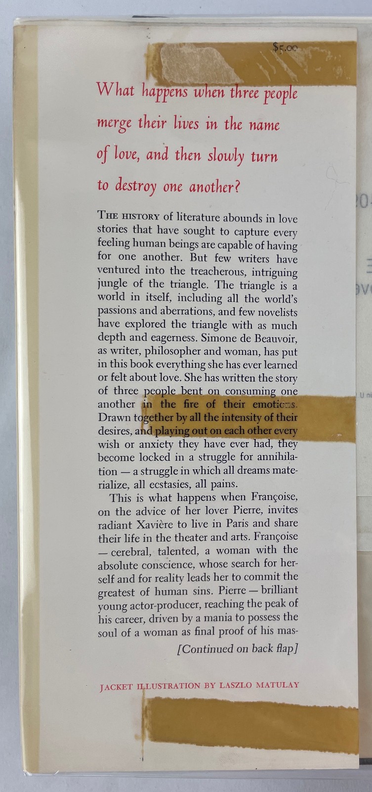 She Came to Stay, Simone de Beauvoir, 1954, 1st Edition Thus, HCDJ