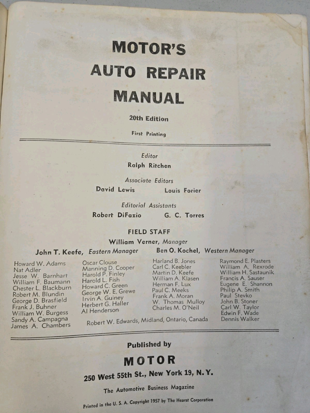 Motor&rsquo;s Auto Repair Manual 1949-1957 Models 20th Edition