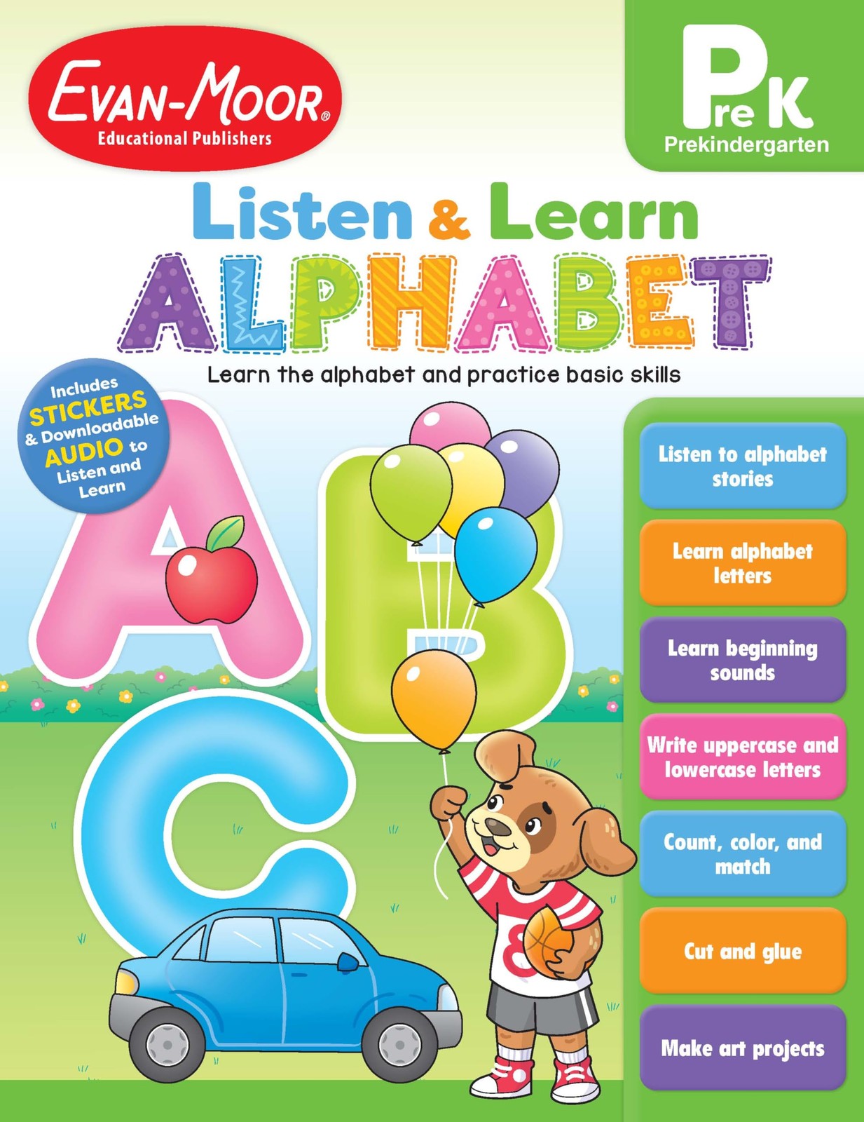 Evan-Moor Listen and Learn Alphabet, PreK Activity Workbook, Includes Sticke…