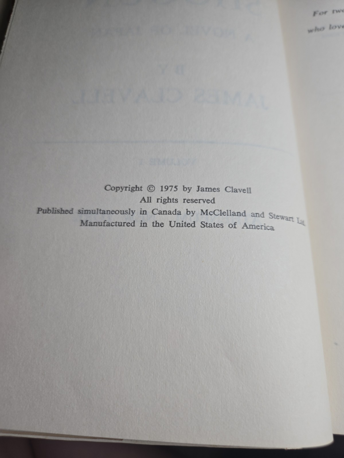 Shogun: A Novel of Japan Volume 1 – Hardcover By Clavell, James 1975