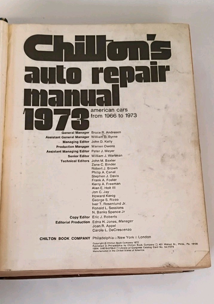 Chilton&rsquo;s Auto Repair Manual Book; American Cars from 1966 to 1973