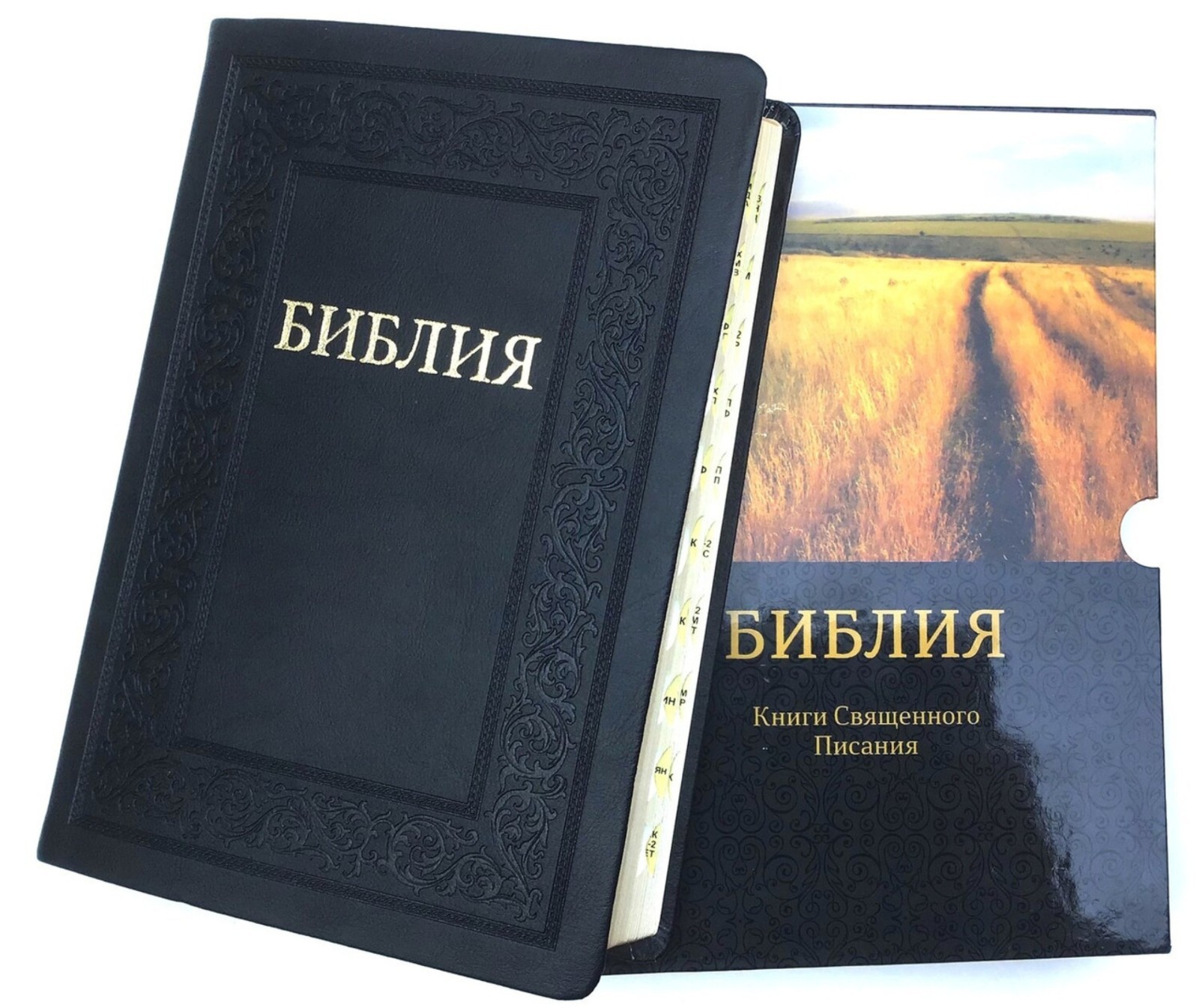 Gift Bible, Genuine Leather, size 17×24 cm, black in a case in Russian