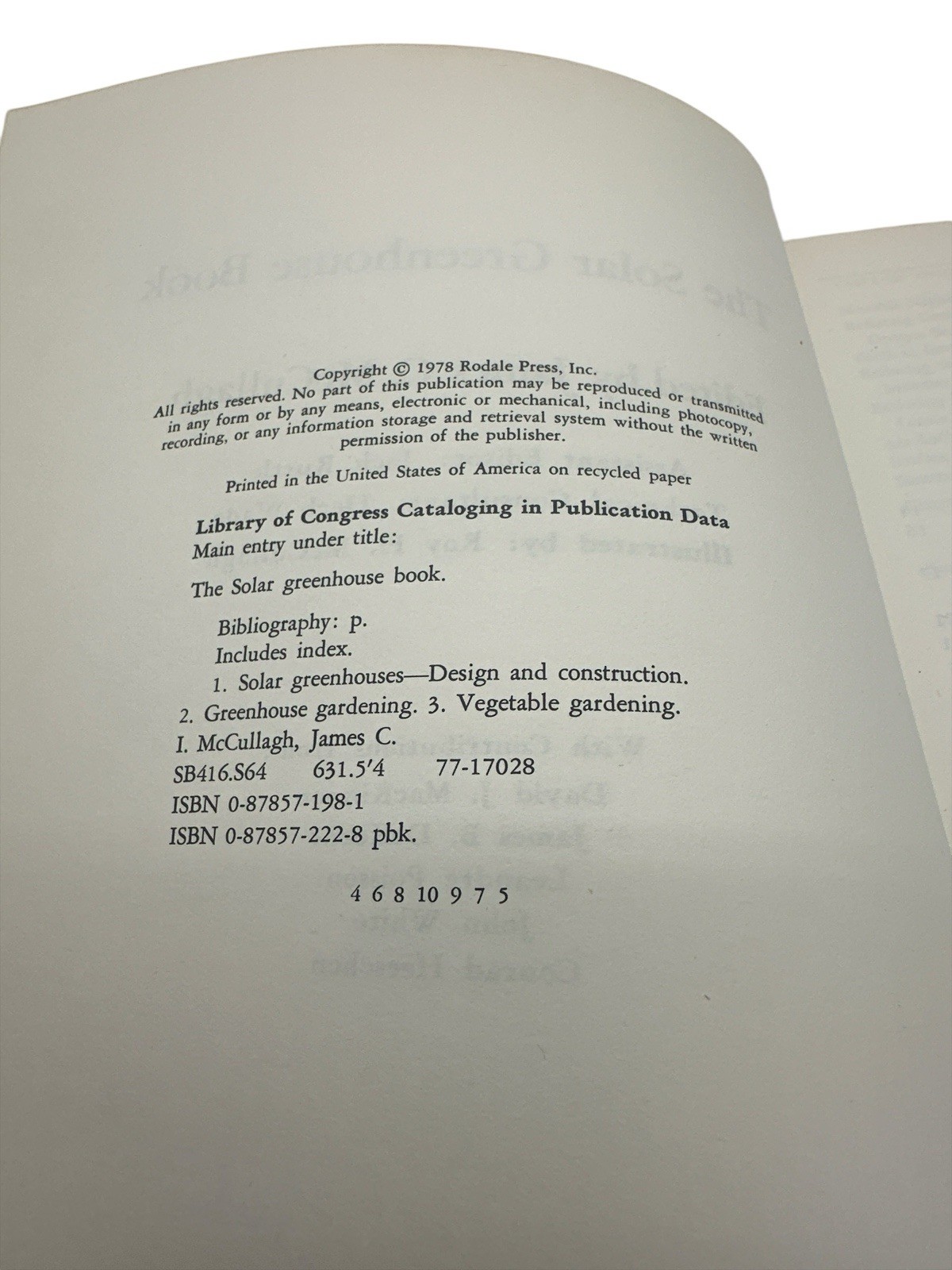 BOOK-« The Solar Greenhouse Book » 1978 James McCullagh Illustrated 328 Pages -A1