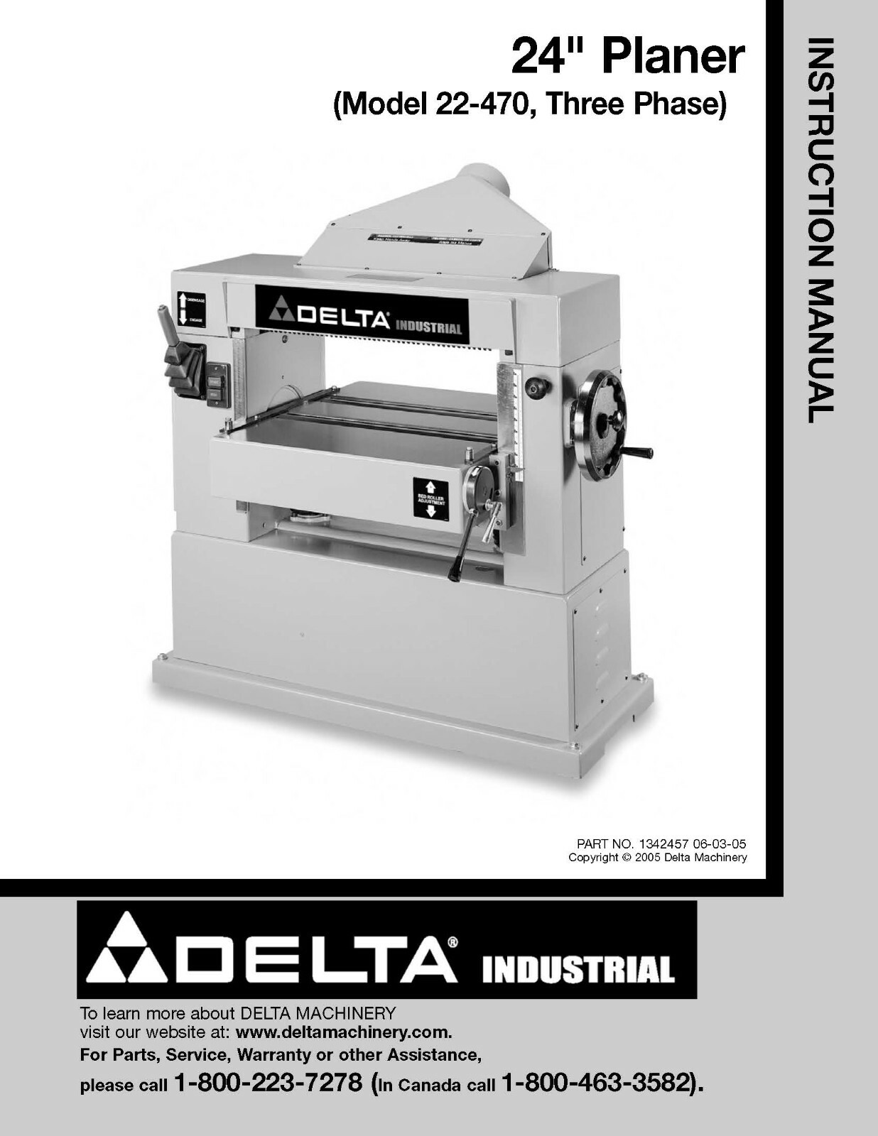 Delta 24&Prime; Planer 22-470 Three Phase Instruction Manual SPIRAL BOUND