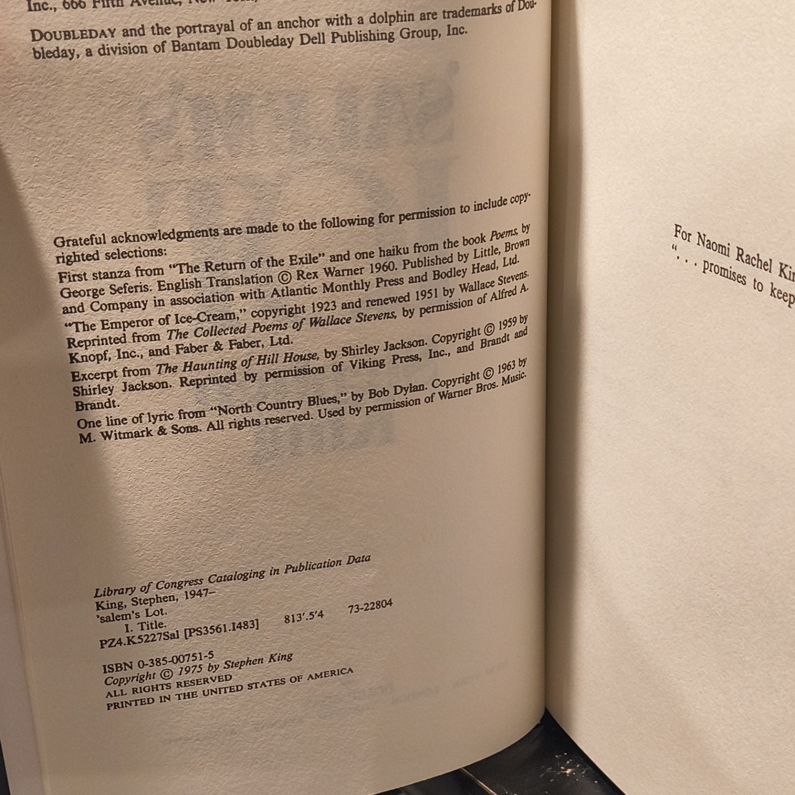 Stephen King &lsquo;Salem&rsquo;s Lot Book Club Edition w/ Dust Jacket Doubleday 1975