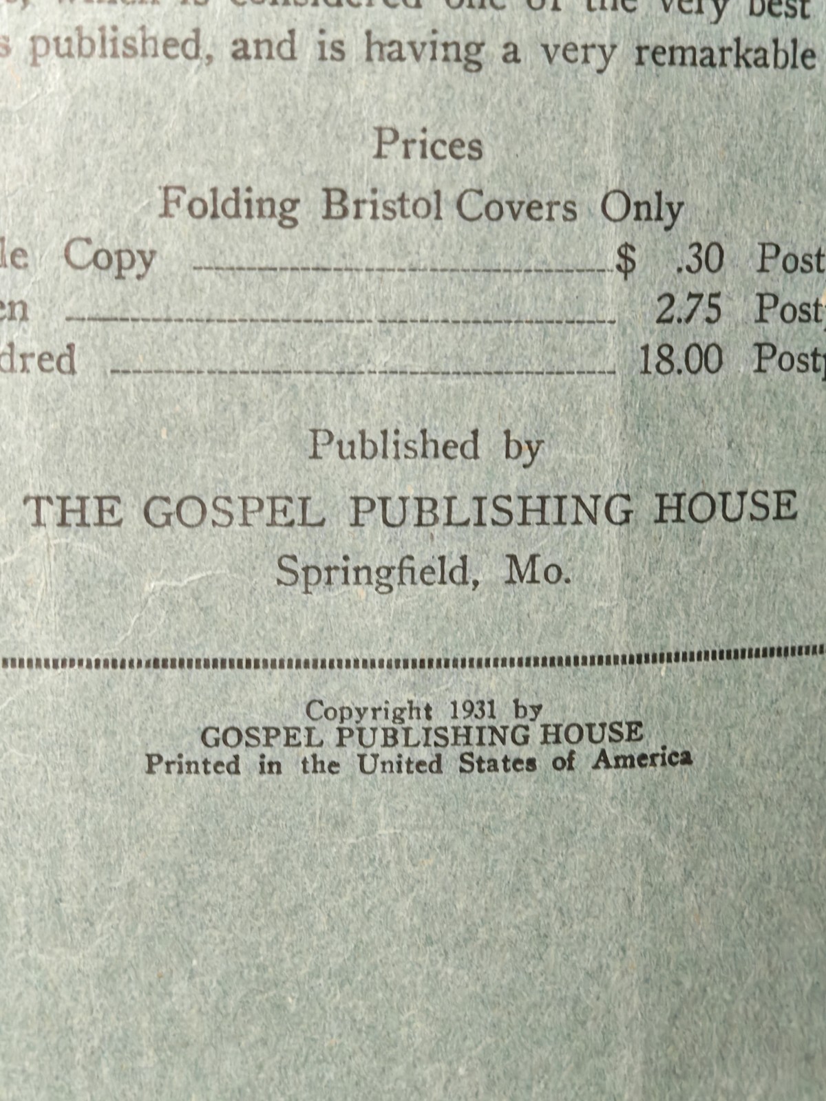 1931 Evangel Songs PB Hymnal by Gospel Publishing House Vintage Paperback