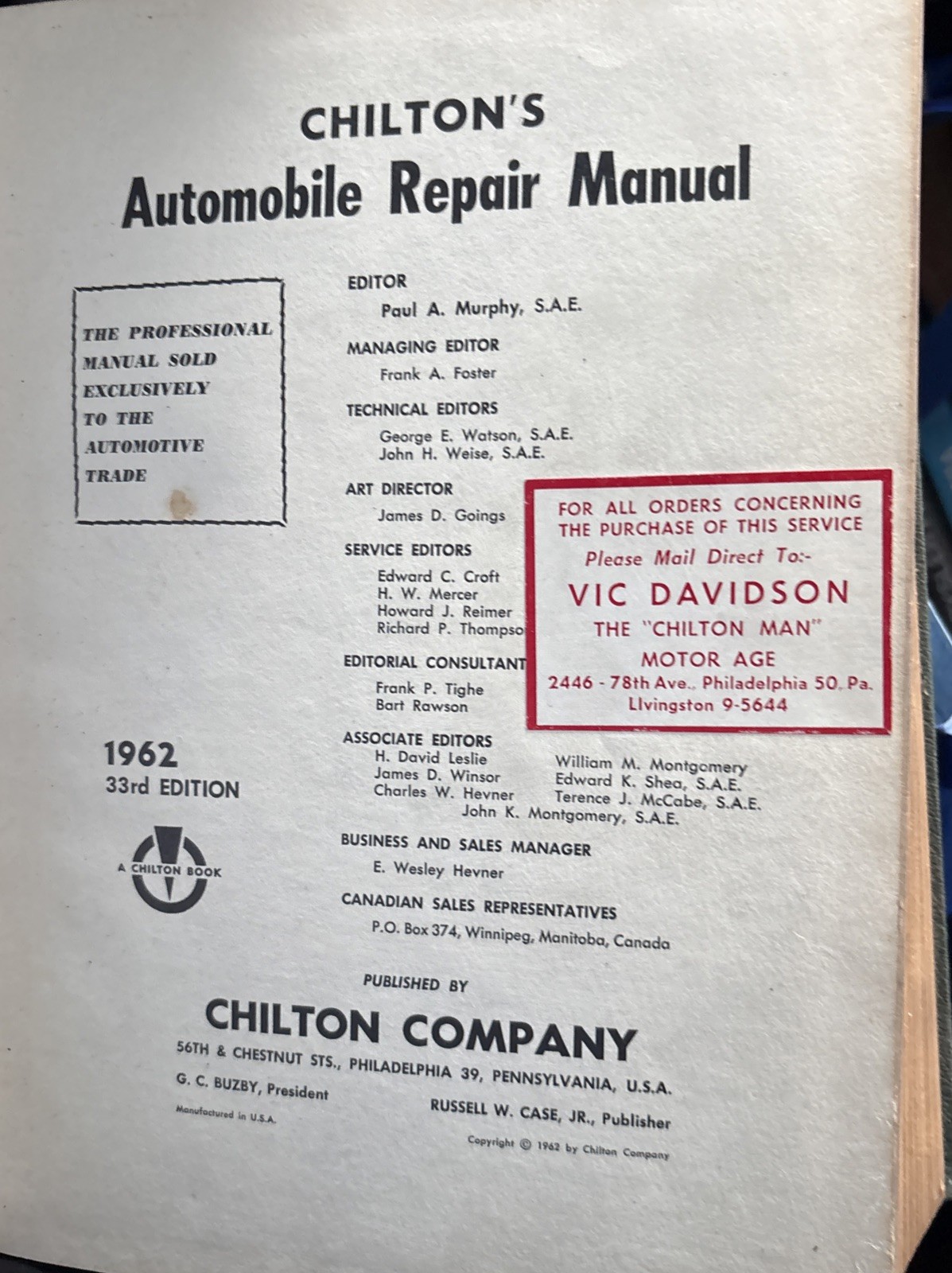 Chilton&rsquo;s Auto Repair Manual 33th Year 1962