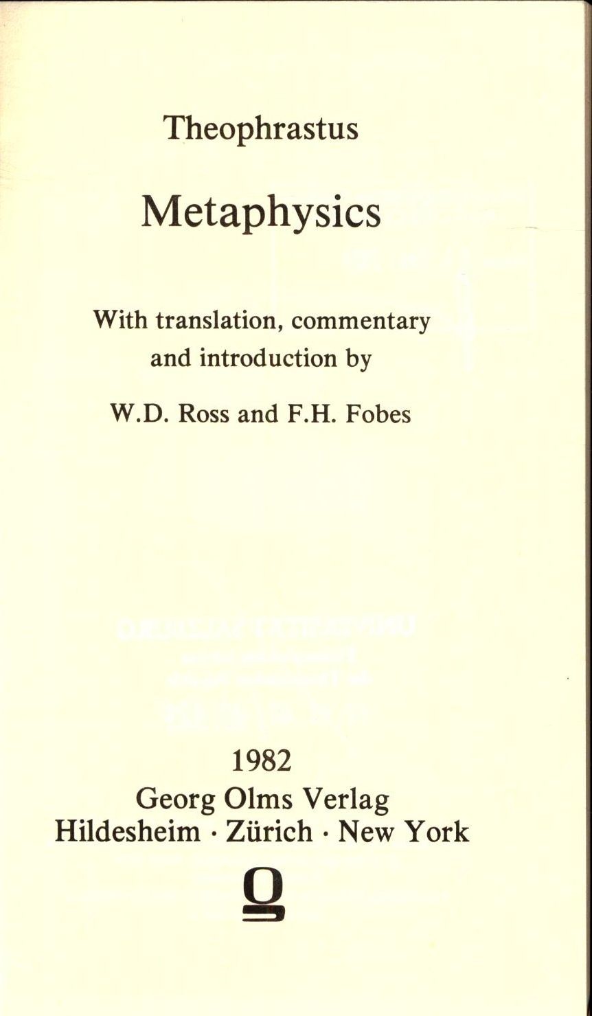 Metaphysics: In Englisch und Griechisch TheophrastusSir William D. Ross und Fra