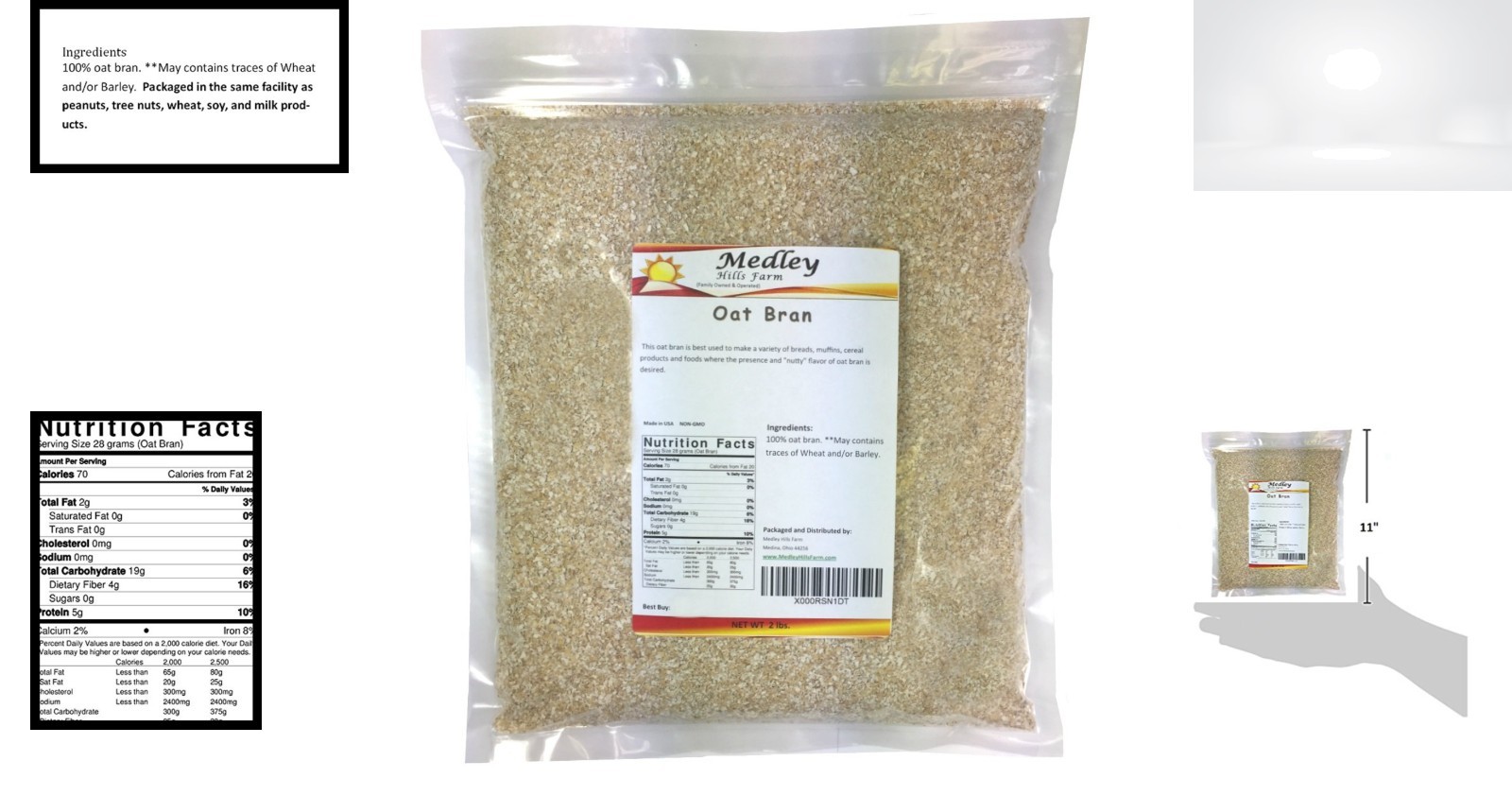 Oat Bran 2 lbs Flaked Non-GMO High Fiber Protein 32oz Bag for Baking Muesli
