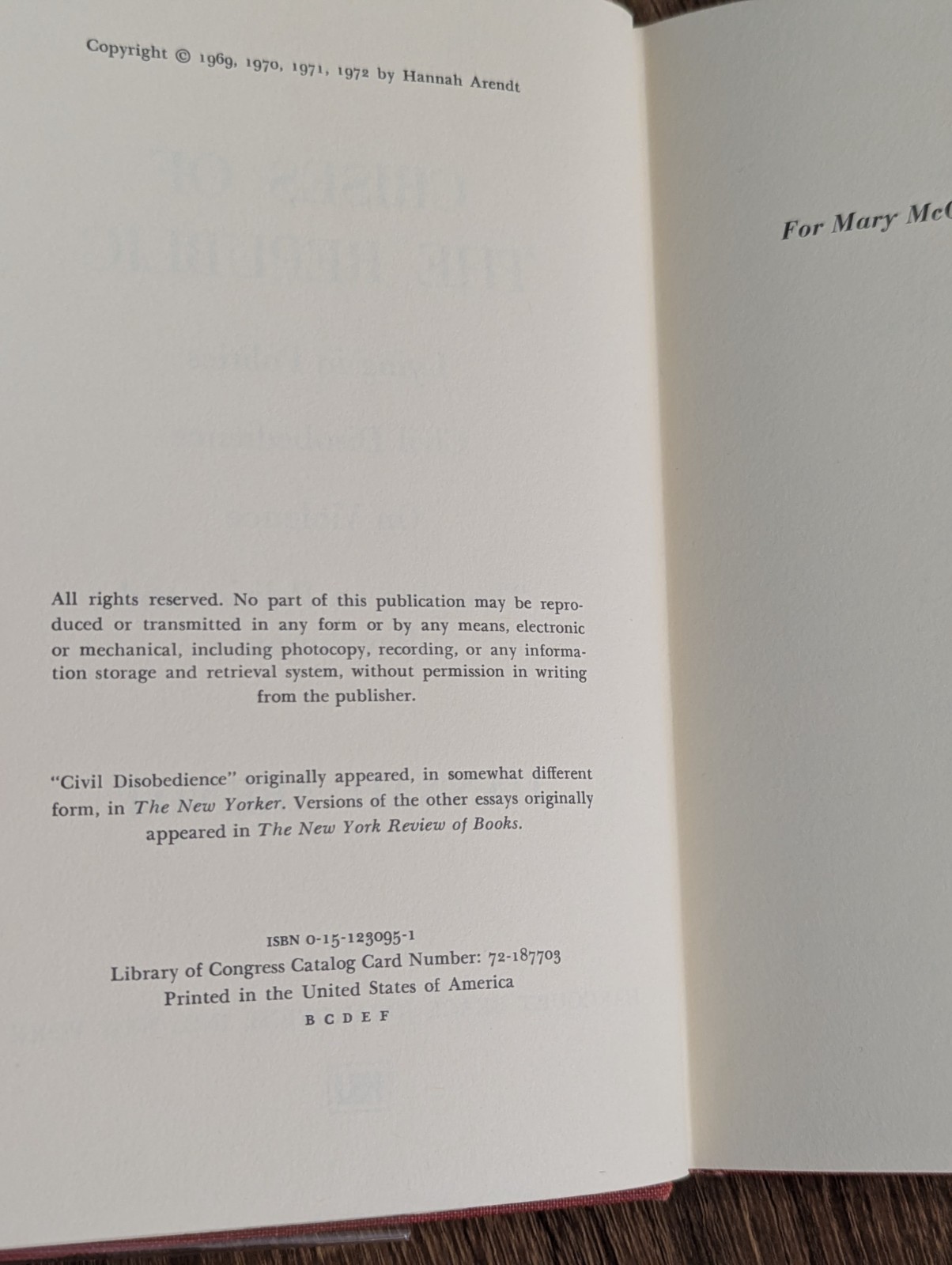 Hannah Arendt Crises of the Republic Harcourt 1972 Hardcover 1st ed 2nd printing