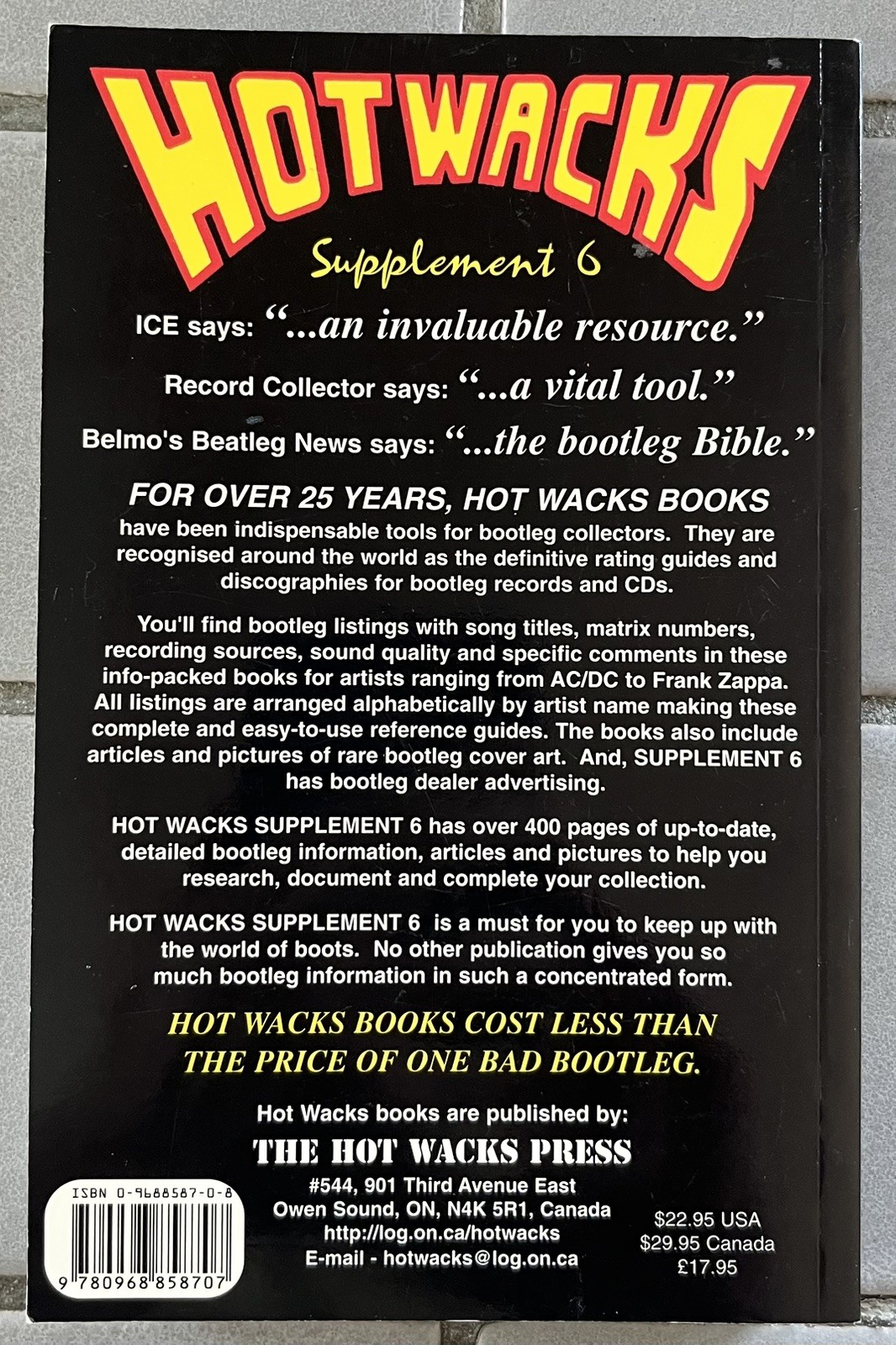 Hot Wacks Collectors Guide Book Lot Supplement 1 + 3 + 6 Bob Walker Live Music