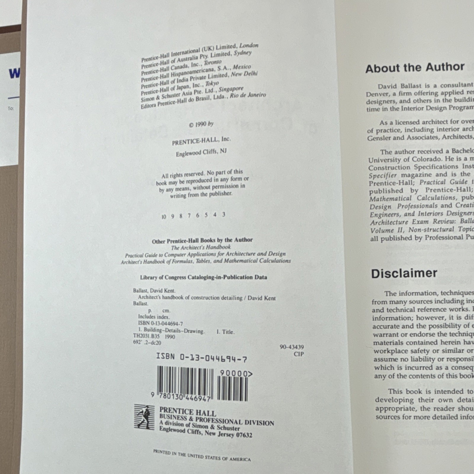 Architect&rsquo;s Handbook of Construction Detailing by Ballast, Prentice Hall, Hardc…