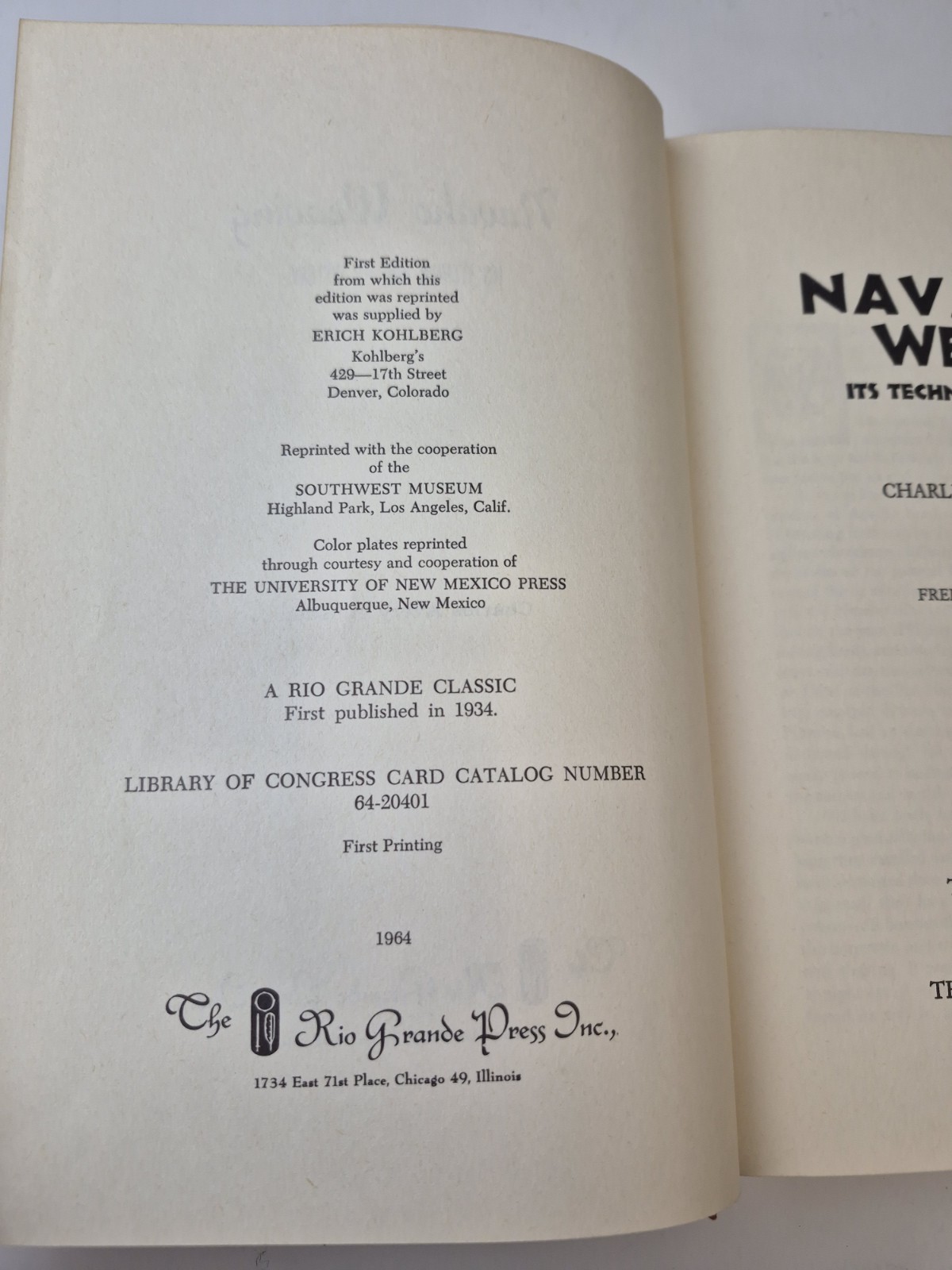 Navaho Weaving It&rsquo;s Technic and It&rsquo;s History Charles Avery Amsden 1964 1st Ed