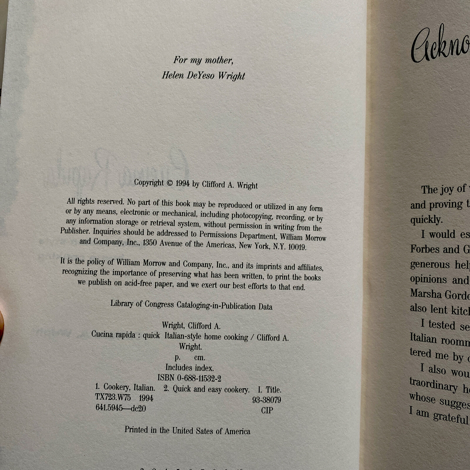 Cucina Rapida: Quick Italian-Style Home Cooking , Clifford A. Wright VG 1994