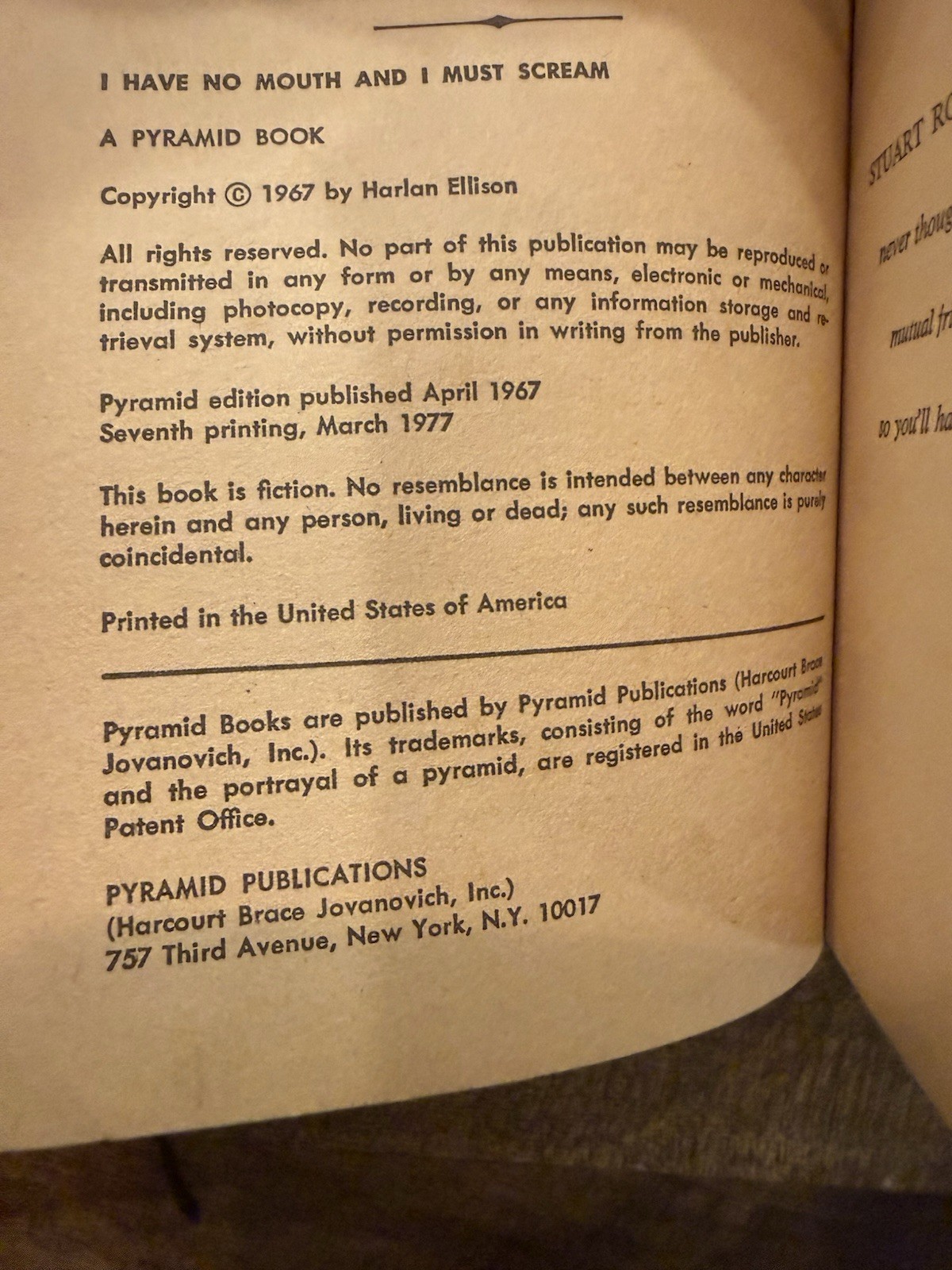 PB Harlan Ellison I Have No Mouth and I Must Scream Pyramid Sci Fi 1977 7th prin