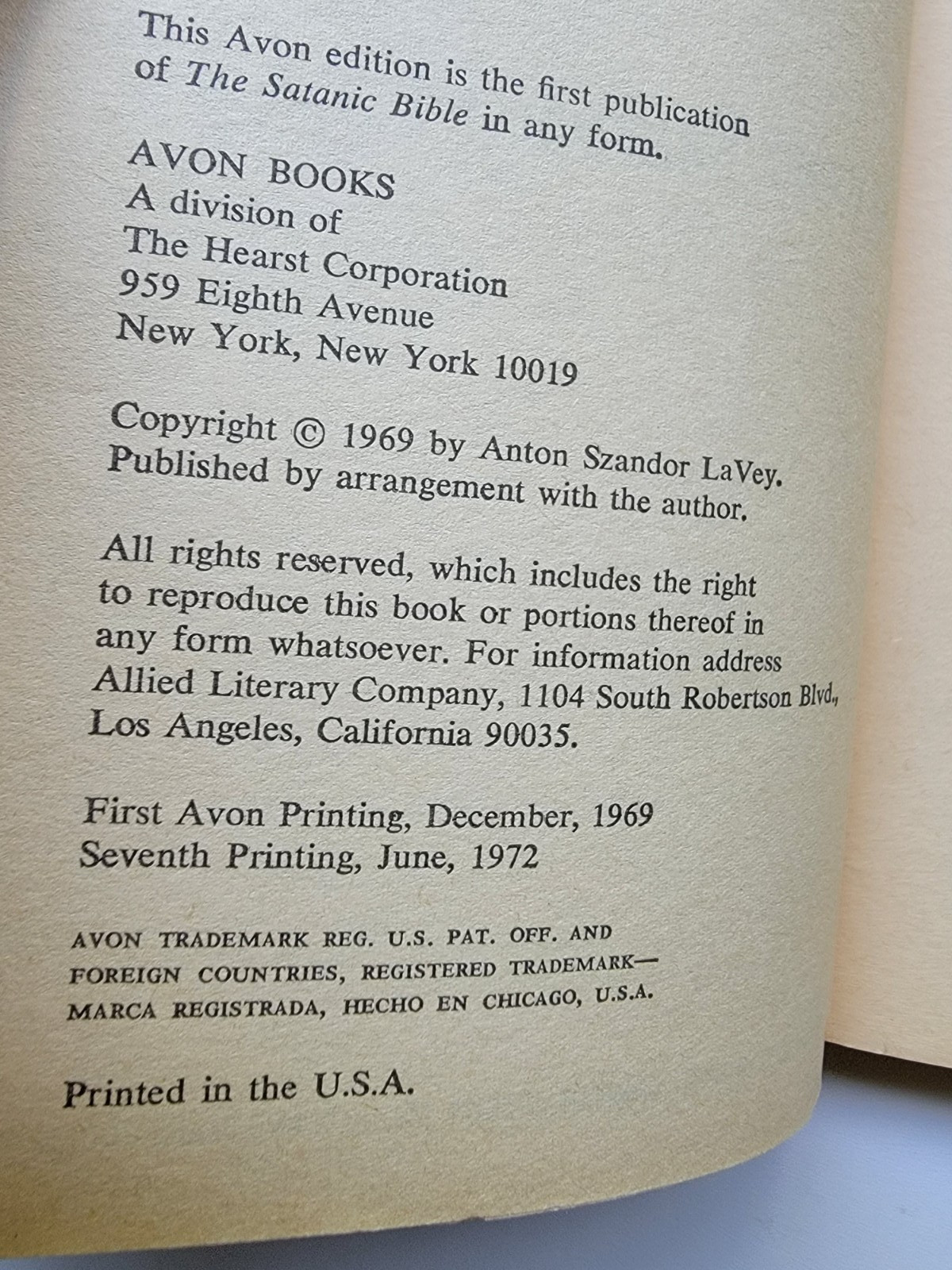 The Satanic Bible Anton LaVey OCCULT SATANISM 1st Ed 7th Printing