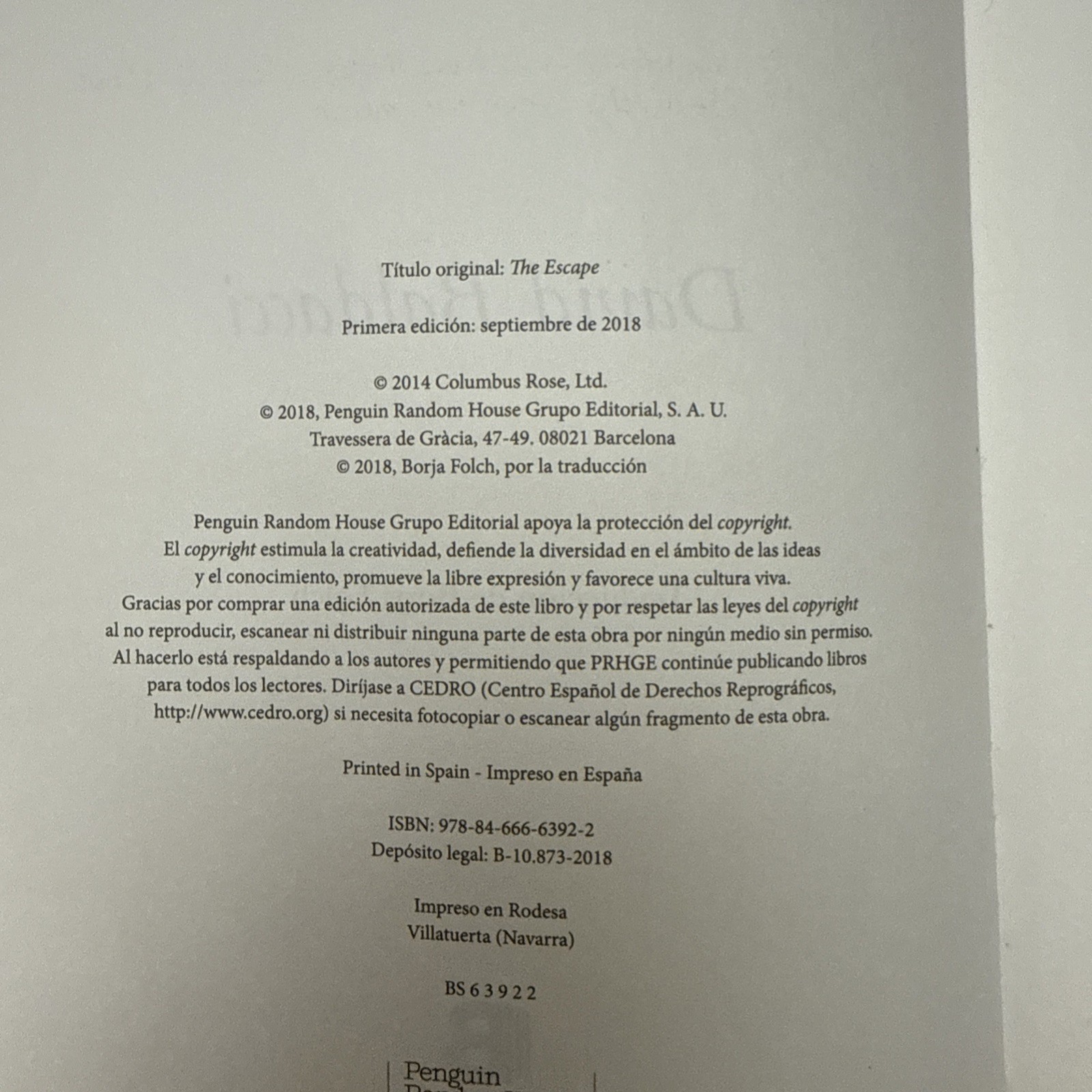 La Huida, David Balducci, Spanish, Printed In Spain, 2014