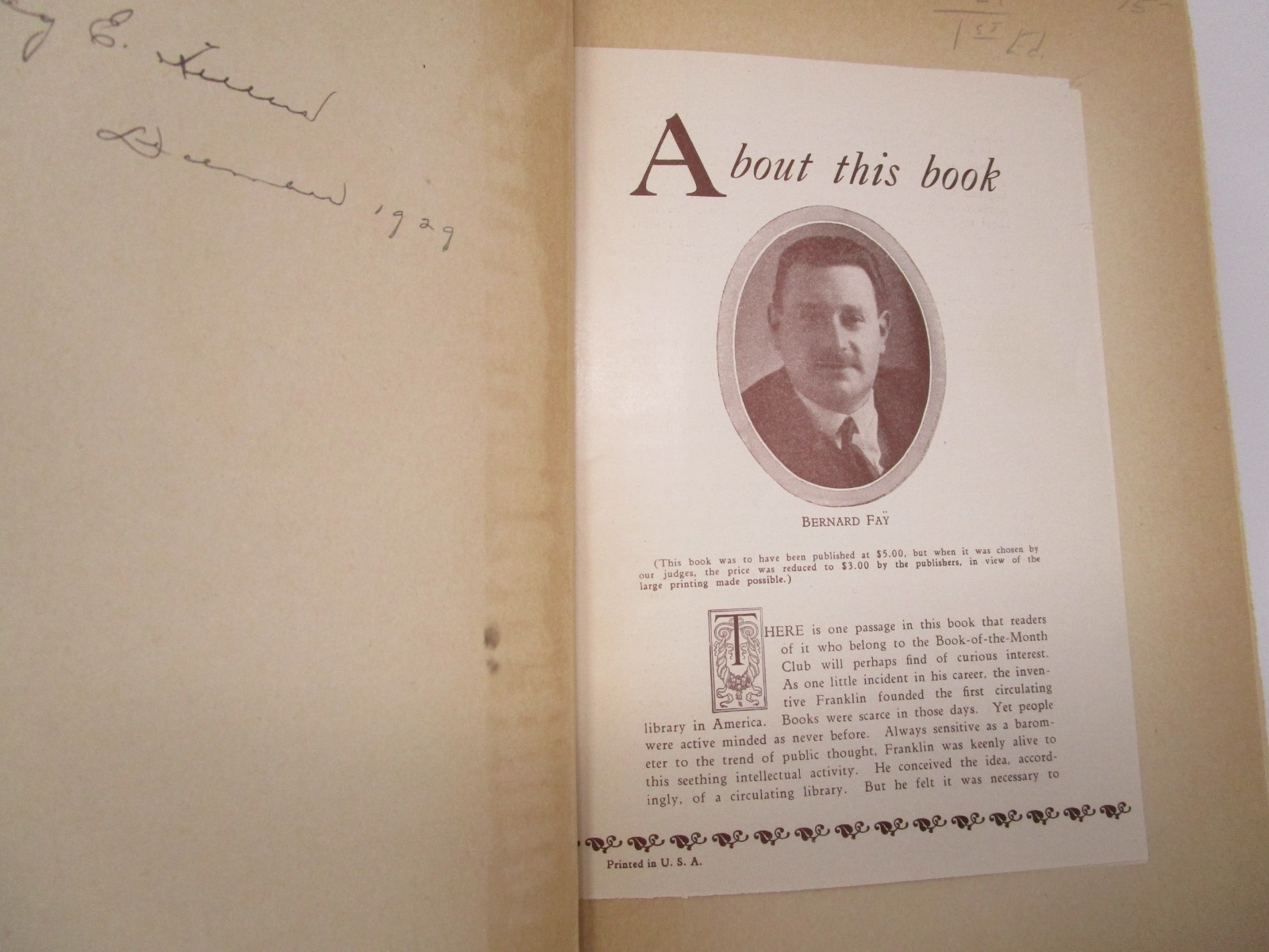 Bernard Fay&rsquo;s Franklin, The Apostle of Modern Times with Illustrations 1929