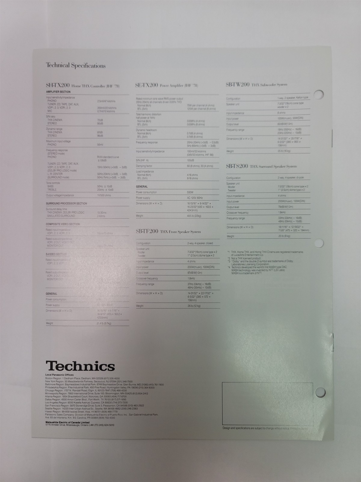 1990&rsquo;s Technics SC-TH200 Home THX Audio System Brochure Specs Lucasfilm SH-TX200