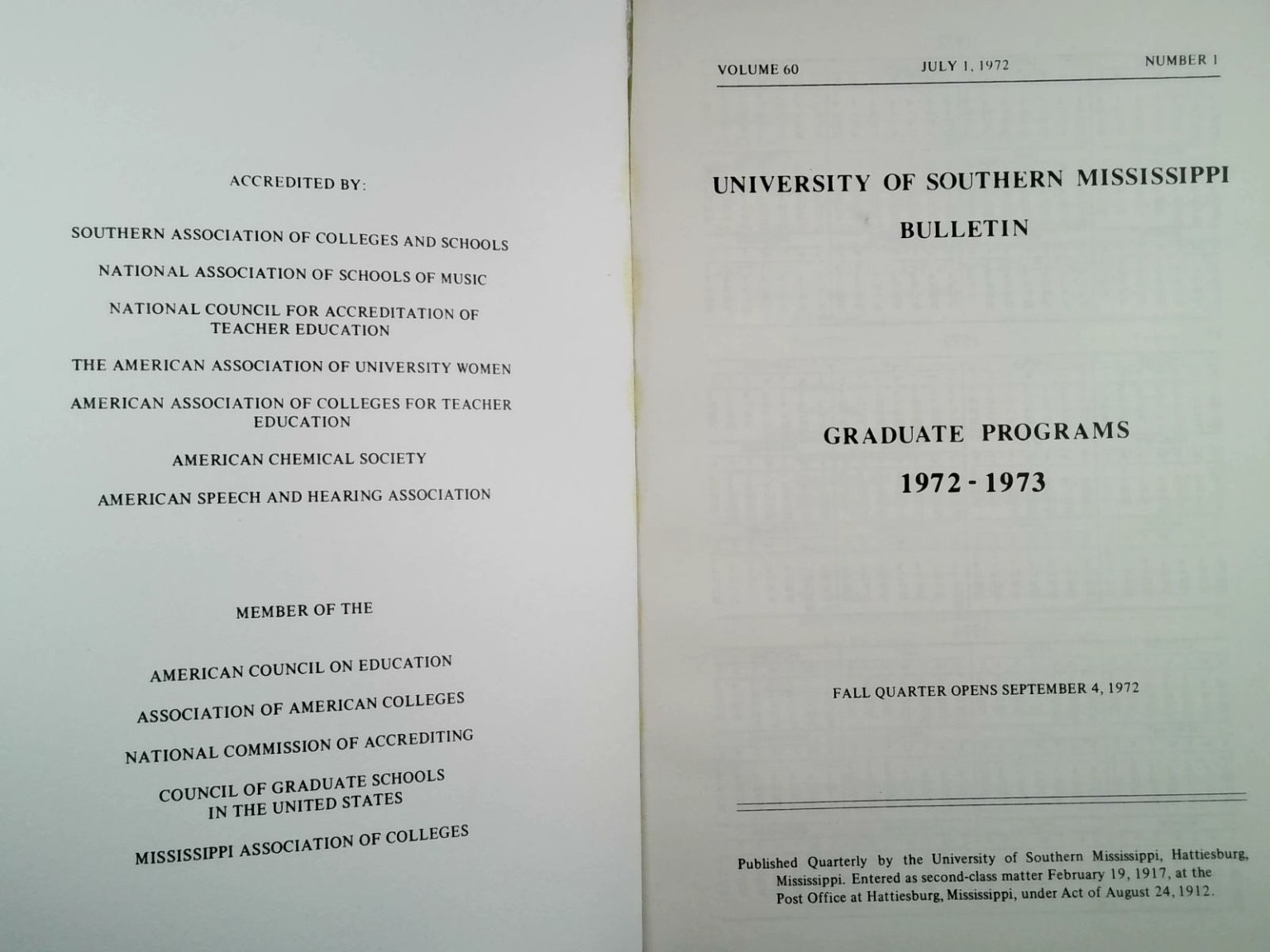 USM University of Southern Mississippi Bulletin Graduate Programs 1972-73