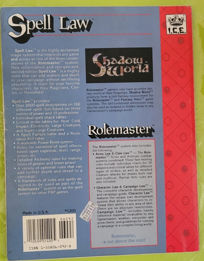 Spell Law: Spells & Magic System adaptable to any Fantasy RPG System I.C.E. 1200