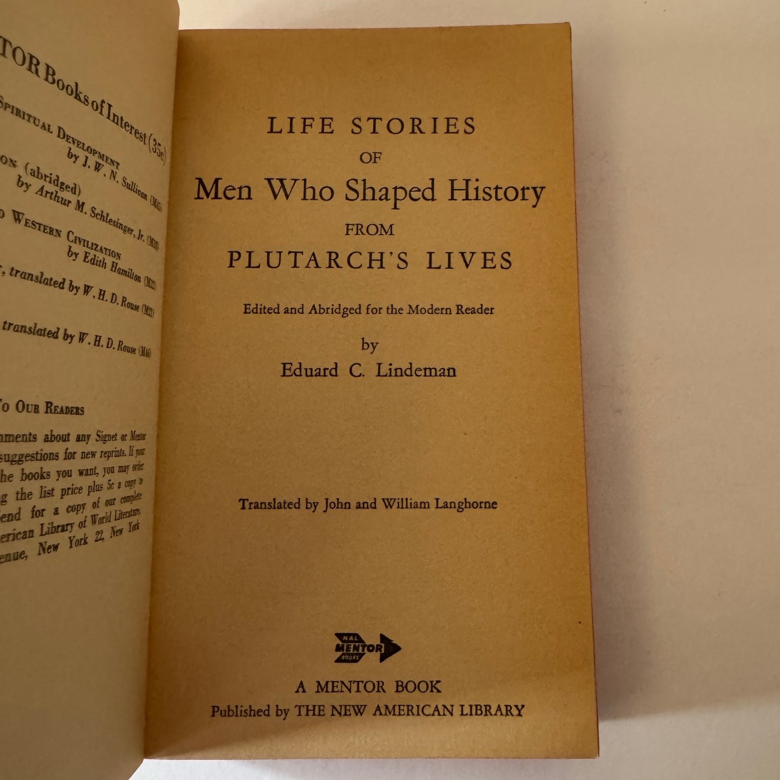 Plutarch&rsquo;s Lives Men Who Shaped History Lindeman 1950 Mentor Classic Paperback