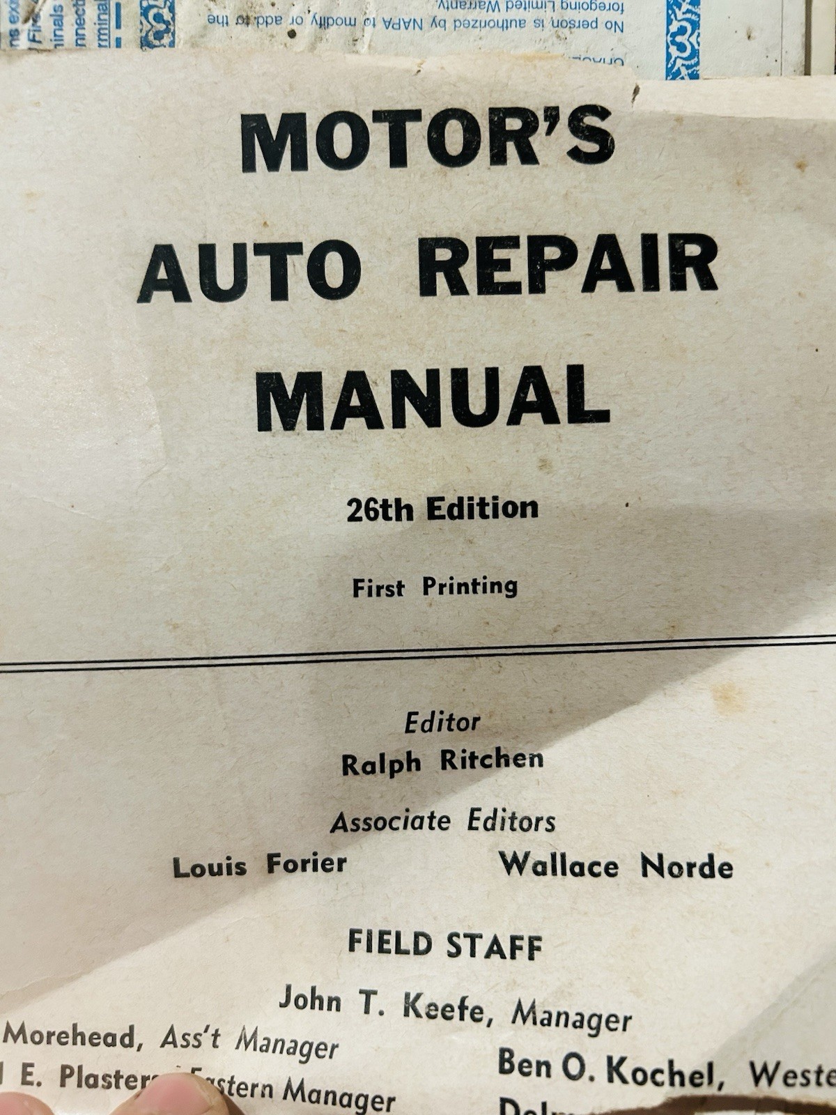 Motor&rsquo;s Auto Repair Manual 26th Edition First Printing