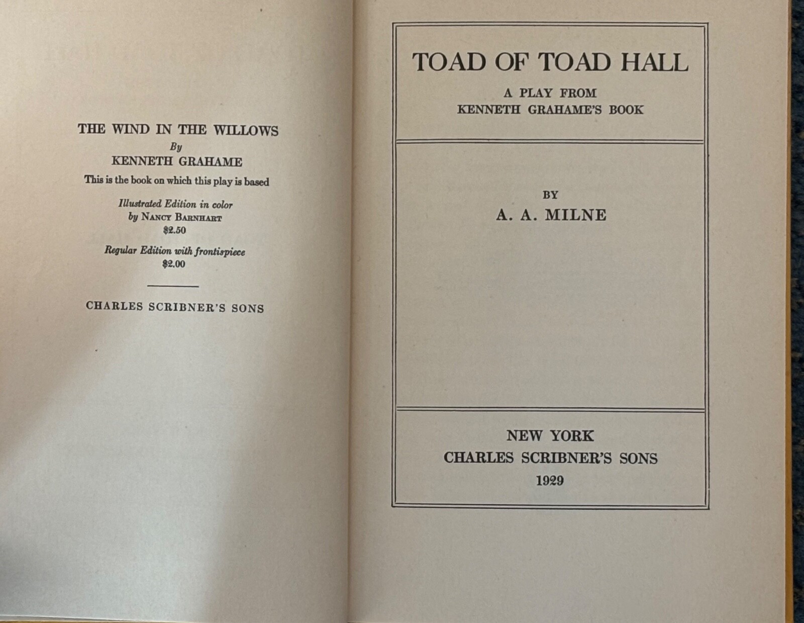 TOAD OF TOAD HALL BY A.A. MILNE, 1ST AMERICAN EDITION – CHARLES SCRIBNER&rsquo;S SONS