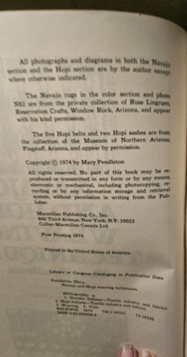 NAVAJO and HOPI WEAVING TECHNIQUES by Mary Pendleton Hard Back DJ (1974)