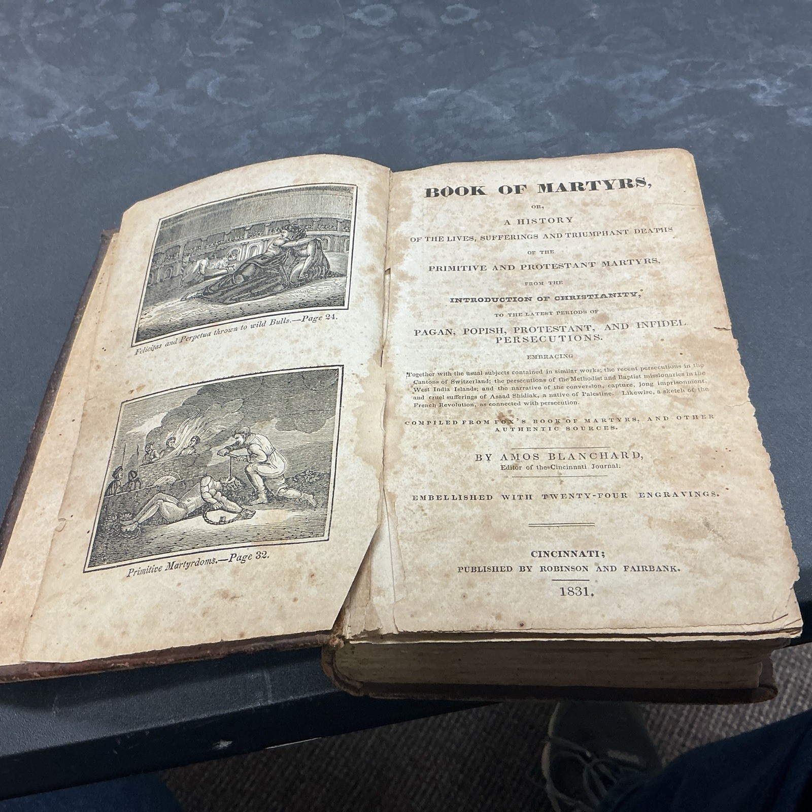 Amos Blanchard « Book of Martyrs » HC leather bound 1831 512 pages