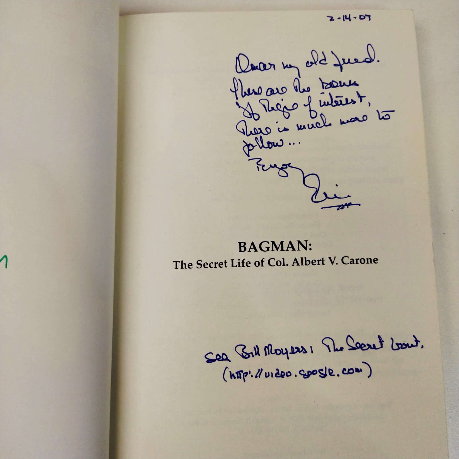 BAGMAN: THE SECRET LIFE OF COL. ALBERT V. CARONE By Eric Stacey Signed by Author