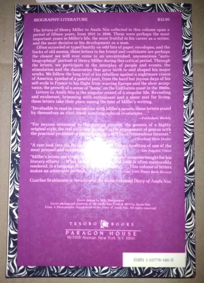 Out of Print – 1st Edition – Paperback Book – LETTERS TO ANAIS NIN Henry Miller