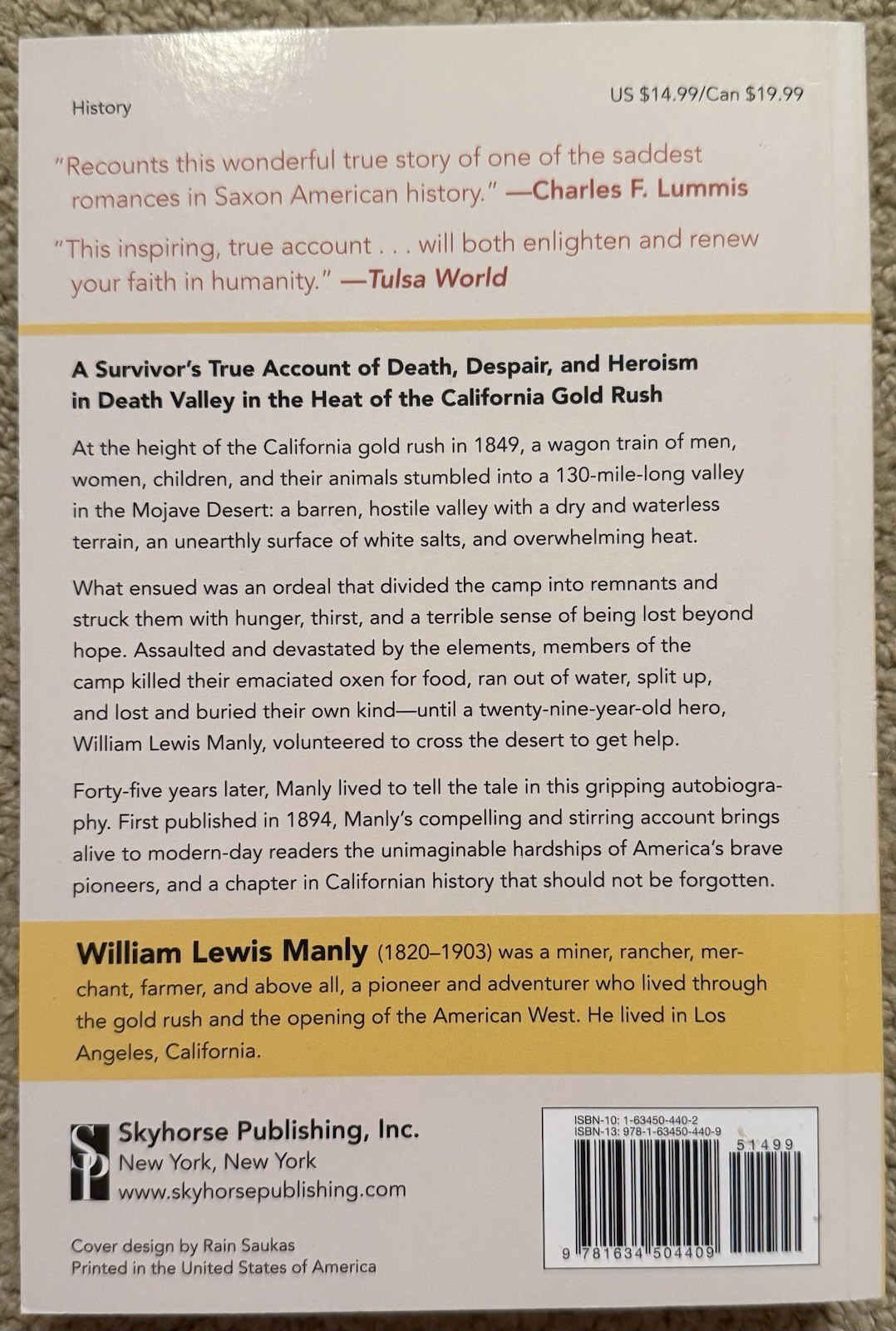 DEATH VALLEY IN &rsquo;49: AN AUTOBIOGRAPHY BY WILLIAM LEWIS MANLY 2016 SKYHORSE TPB